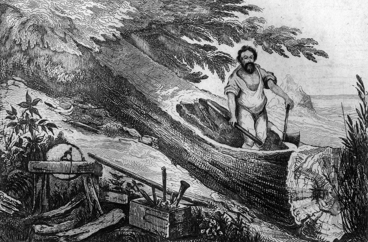 لقد حفرته بدون مساعدة من نقش النار بعد رسم M. de Sainson لكتاب Daniel Defoe (De foe) "Robinson Crusoe" "الطبعة الفرنسية لعام 1837. بواسطة لويس أوغست دي سينسون