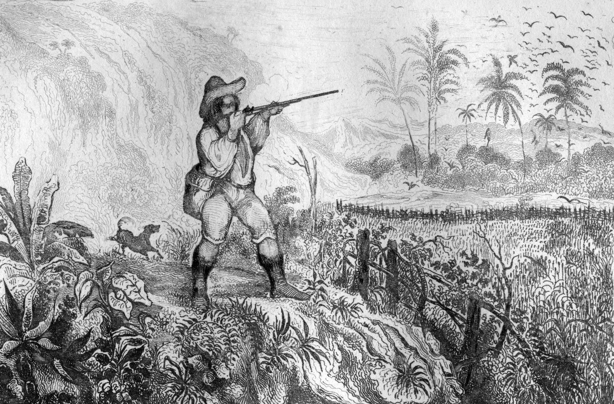 قتلت ثلاثة ... نقشًا بعد رسم M. de Sainson لكتاب Daniel Defoe (De foe) "Robinson Crusoe" "الطبعة الفرنسية لعام 1837. بواسطة لويس أوغست دي سينسون