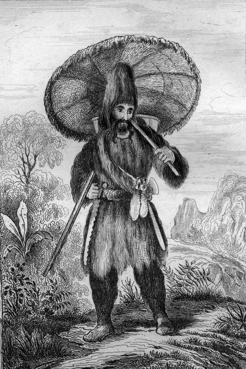 كنت أرتدي قبعة ذات ارتفاع ... نقش بعد رسم M. de Sainson لكتاب Daniel Defoe (De foe) "Robinson Crusoe" "طبعة فرنسية عام 1837. بواسطة لويس أوغست دي سينسون