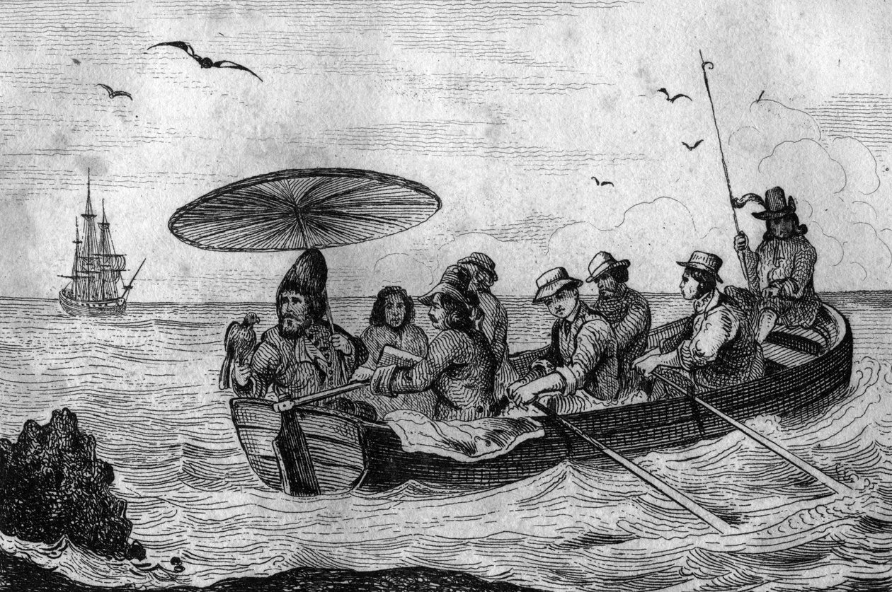 لذلك تركت نقش جزيرتي بعد رسم M. de Sainson لكتاب Daniel Defoe (De foe) "Robinson Crusoe" "الطبعة الفرنسية لعام 1837. بواسطة لويس أوغست دي سينسون