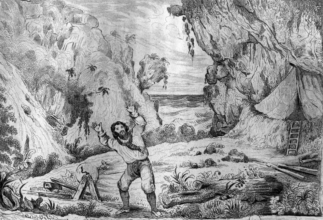 ارتجفت التضاريس ثلاث مرات تحت نقش قدمي بعد رسم M. de Sainson لكتاب دانيال ديفو (De foe) "" Robinson Crusoe "" الطبعة الفرنسية لعام 1837. بواسطة لويس أوغست دي سينسون
