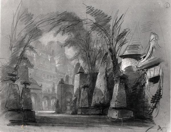 تعيين تصميم لـ 'Les Burgraves' (1843) بواسطة Victor Hugo (1802-85) (قلم رصاص؟ على ورق) (صورة بالأبيض والأسود) بواسطة لويس بولانجر