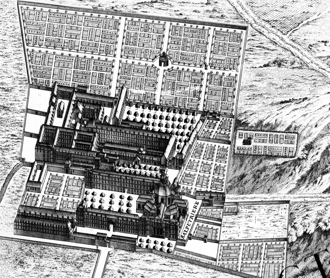 مستشفى La Salpêtrière ، تفاصيل من خطة باريس ، والمعروفة باسم Plan de Turgot ، محفورة من قبل كلود لوكاس ، 1734-39 تفاصيل النقش 233535 بواسطة لويس بريتيز