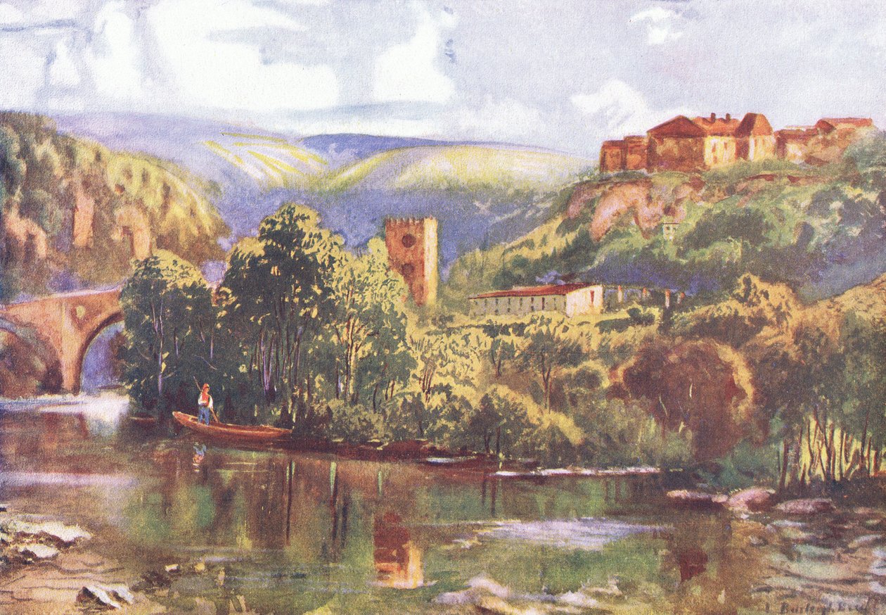 On the River Tagus ، من Hutchinson Picturesque Europe نشره Hutchinson & Son ، حوالي عام 1930 (ليثو ملون) بواسطة لويس بورليه برول