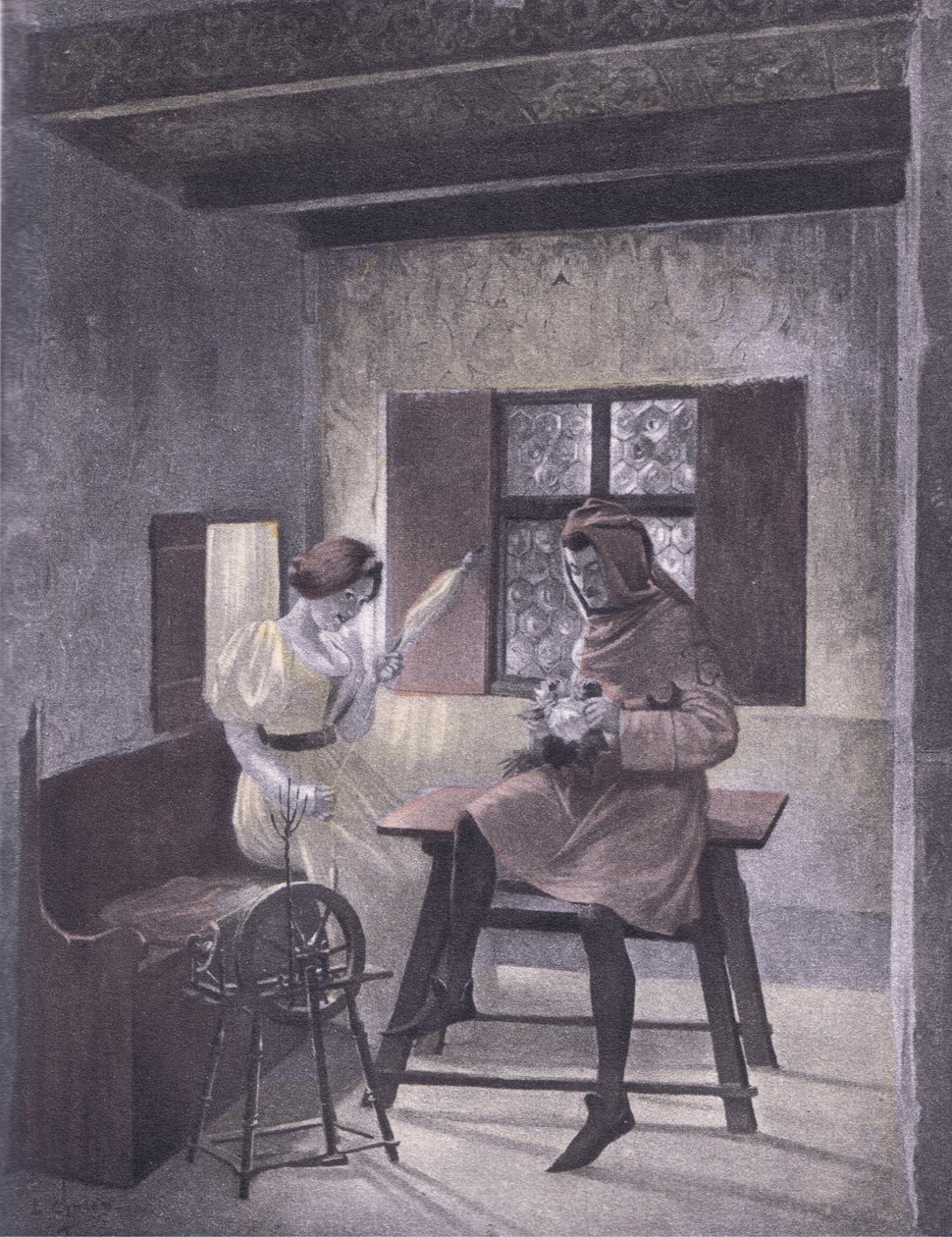 Simona spinning ، رسم توضيحي من Decameron of Boccaccio نشرته Navarre Society 1930 (litho) بواسطة لويس شالون