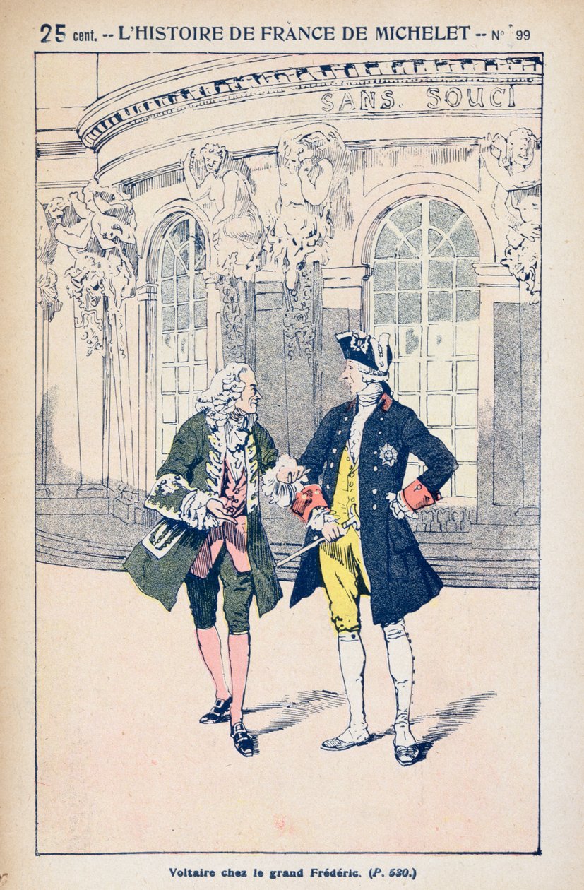 فرانسوا فولتير (1694-1778) مع الملك فريدريك الثاني من بروسيا (1712-86) في سانسوسي بالقرب من بوتسدام ، من "هيستوار دي فرانس" بقلم جول ميشيلت (1798-1874) c.1900 بواسطة تفجير لويس تشارلز
