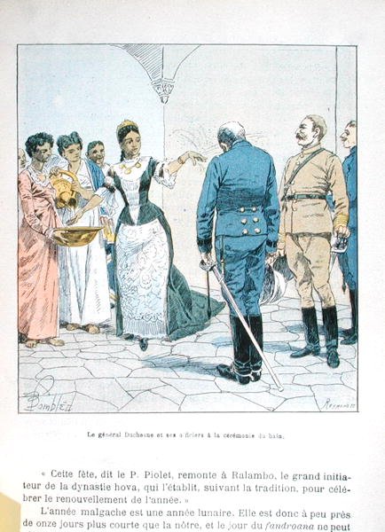 الجنرال دوتشيسن وضباطه في حفل حمام الملكة رانافالونا الثالثة (1862-1917) ، من "لا غويري في مدغشقر" بقلم هـ جالي ، أواخر القرن التاسع عشر (ليثو ملون) بواسطة تفجير لويس تشارلز