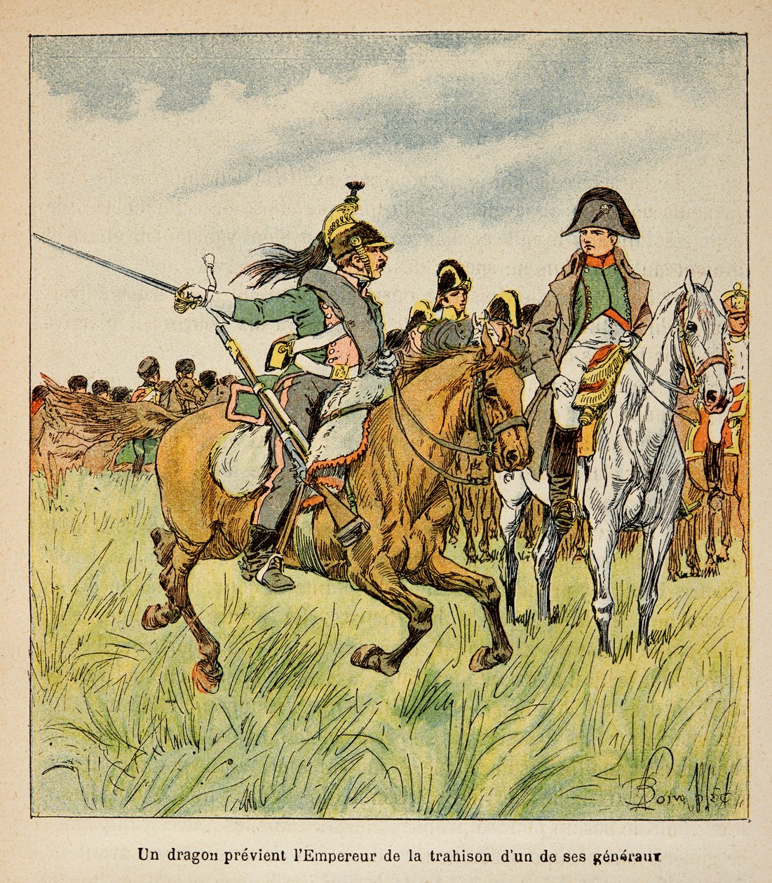 رسم توضيحي لـ Bombled Louis (1862-1927) من حالات الكونت إيمانويل دي لاس (1766-1842): تنين يحذر الإمبراطور من خيانة أحد جنرالاته في معركة واترلو في يونيو 1815 ، مجموعة خاصة بواسطة تفجير لويس تشارلز