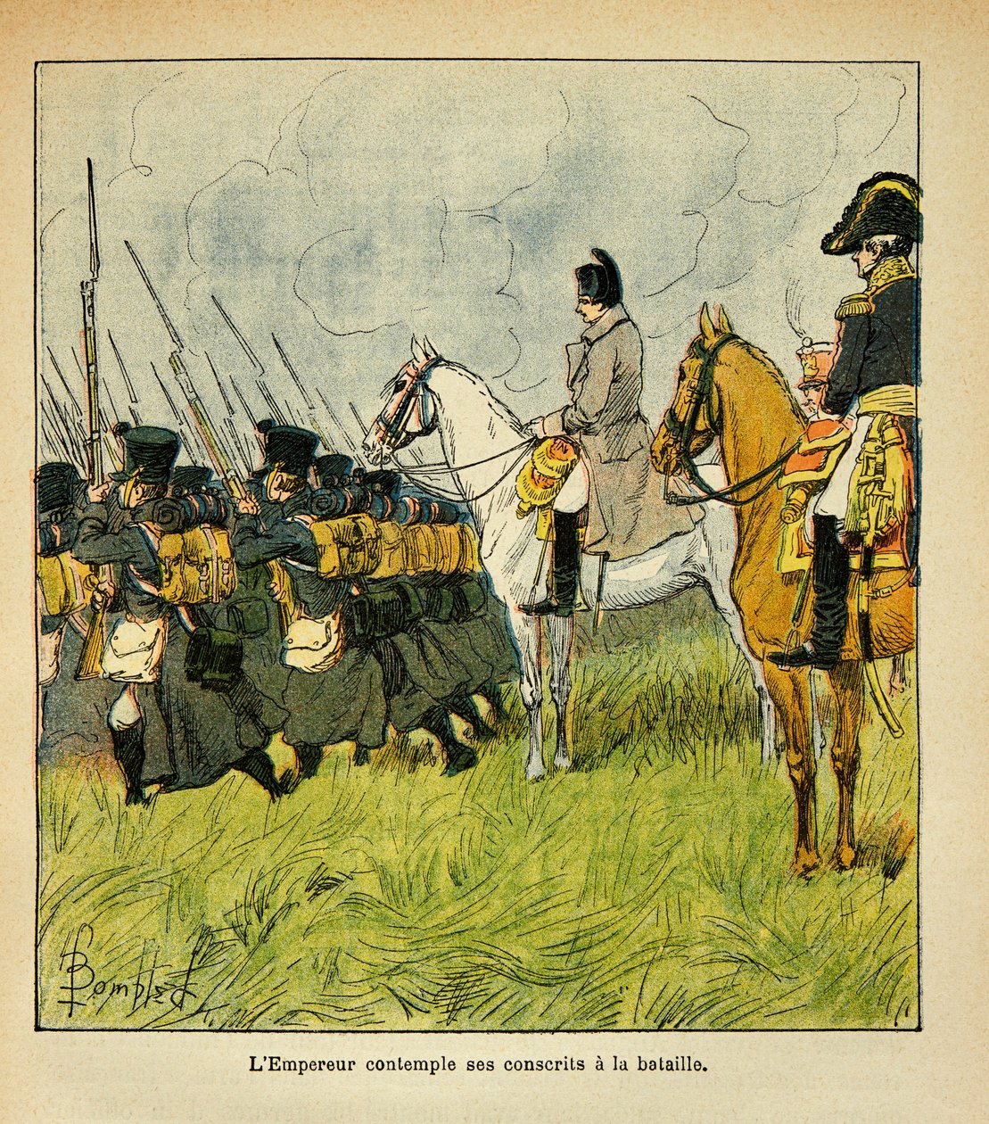 رسم إيضاحي لبومبلد لويس (1862-1927) من كتاب "ذكرى القديسة هيلين" بقلم الكونت إيمانويل دي لاس (1766-1842): الإمبراطور نابليون يفكر في تجنيده أثناء معركة ، مجموعة خاصة بواسطة تفجير لويس تشارلز
