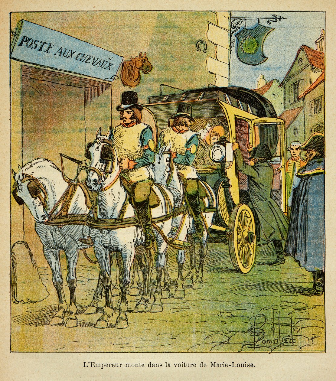 رسم إيضاحي لبومبلد لويس (1862-1927) من كتاب "ذكرى سانت هيلين" للكونت إيمانويل دي لاس كيسس (1766-1842): الإمبراطور نابليون يركب السيارة لمقابلة زوجته ماري لويز في عام 1810 ، مجموعة خاصة بواسطة تفجير لويس تشارلز