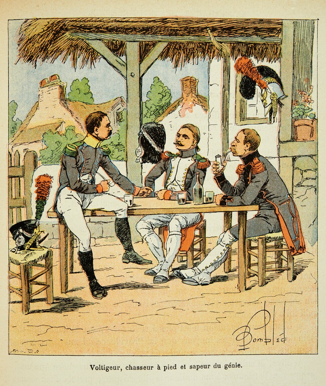 رسم بياني بومبلد لويس (1862-1927) من كتاب "ذكرى القديسة هيلين" للكونت إيمانويل دي لاس (1766-1842): Armee Francaise: Voltigeur؛ صياد وسابور من الجني ، مجموعة خاصة بواسطة تفجير لويس تشارلز