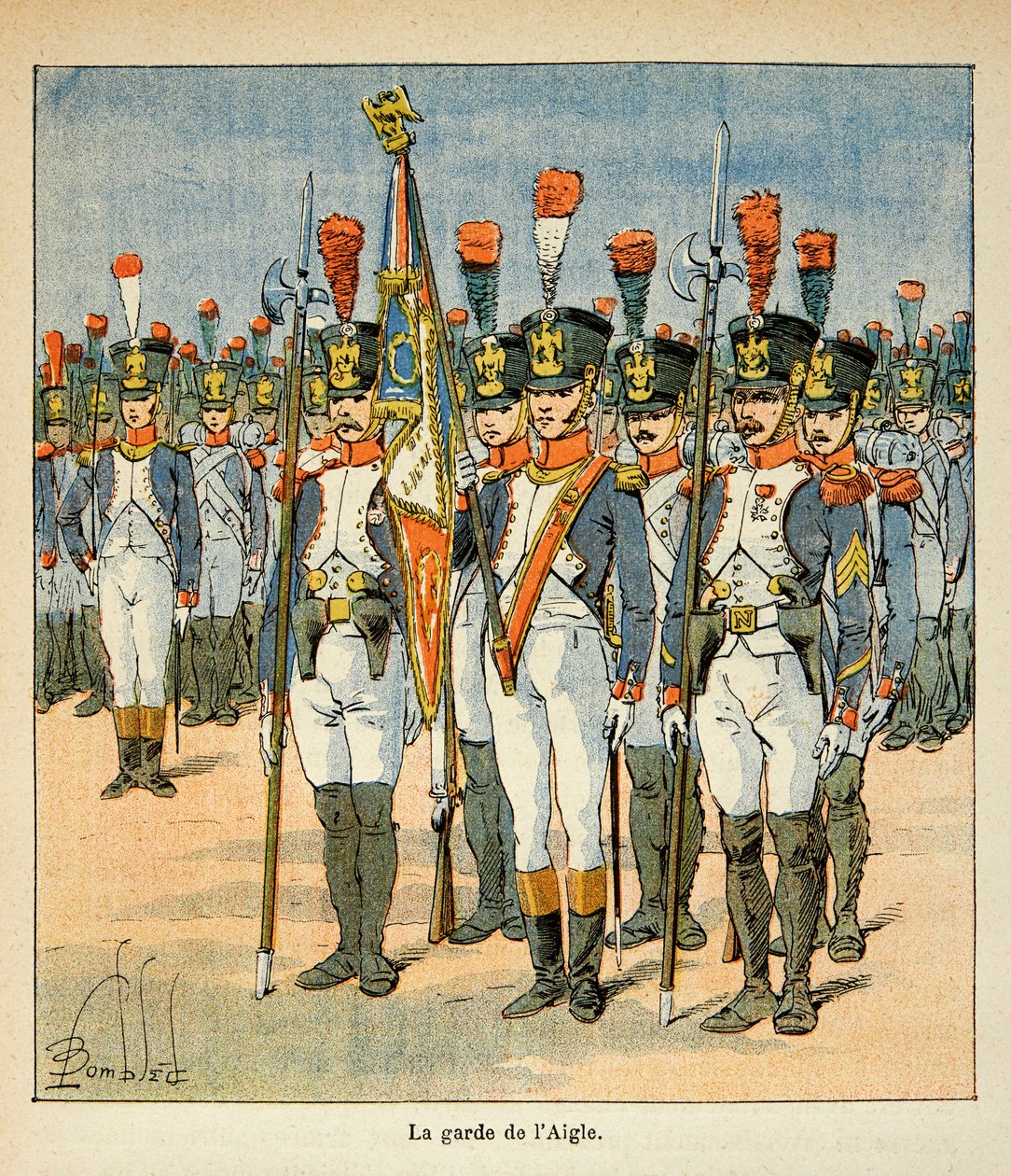رسم إيضاحي لـ Bombled Louis (1862-1927) من كتاب "The Memorial of Saint Helene" للكونت Emmanuel de Las Cases (1766-1842): The Guard of the Eagle (أنشأه نابليون لحماية العلم) ، مجموعة خاصة بواسطة تفجير لويس تشارلز