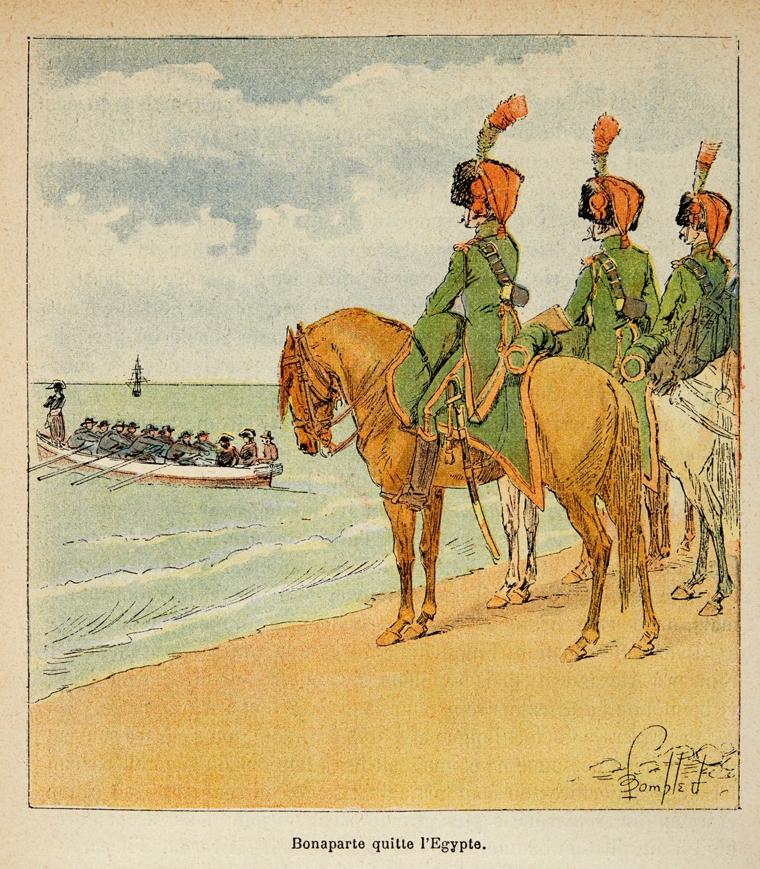رسم إيضاحي لبومبلد لويس (1862-1927) من كتاب "ذكرى القديسة هيلين" للكونت إيمانويل دي لاس حالات (1766-1842): غادر بونابرت مصر في 23 أغسطس 1799 ، مجموعة خاصة بواسطة تفجير لويس تشارلز