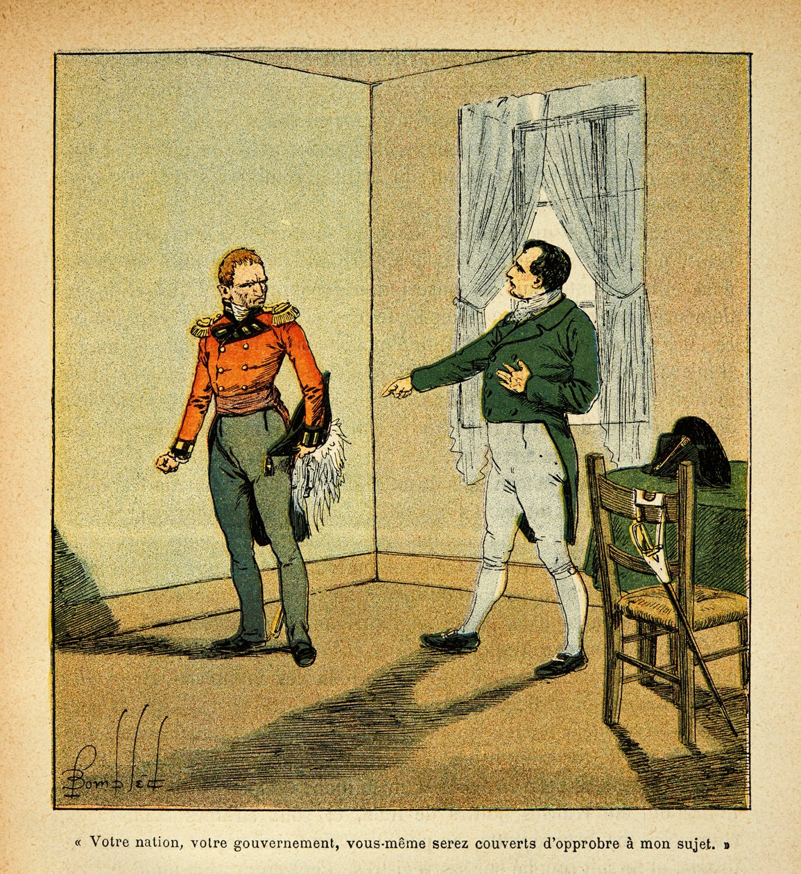 رسم إيضاحي لبومبلد لويس (1862-1927) من كتاب "ذكرى سانت هيلين" بقلم الكونت إيمانويل دي لاس (1766-1842): يلوم الإمبراطور نابليون الحاكم هدسون لوي (1769-1844) على سلوكه تجاهه ، مجموعة جزئية بواسطة تفجير لويس تشارلز