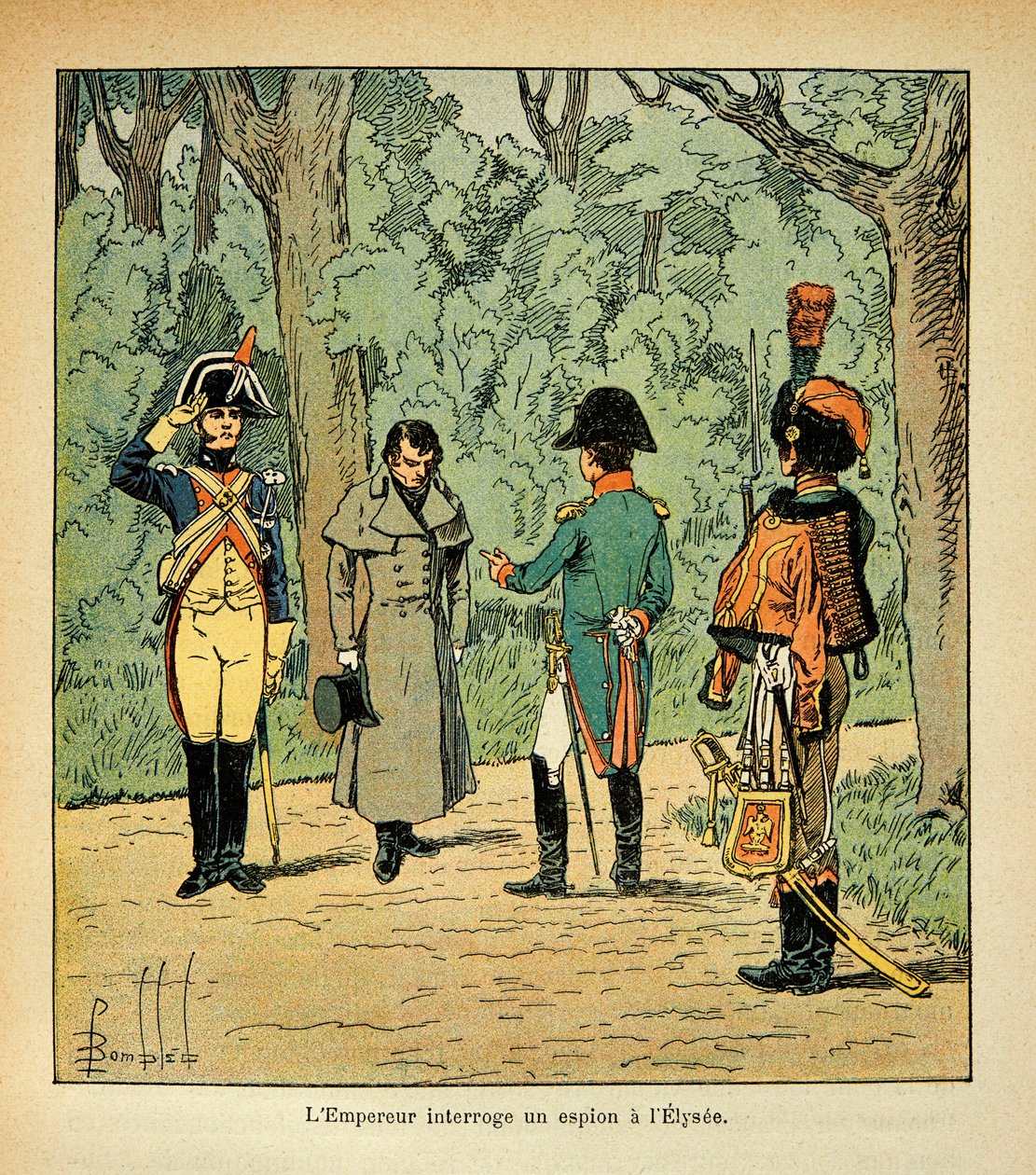 رسم إيضاحي لـ Bombled Louis (1862-1927) من كتاب "The Memorial of Saint Helene" للكونت Emmanuel de Las Cases (1766-1842): يستجوب الإمبراطور نابليون جاسوسًا في Elysee، Private Collection بواسطة تفجير لويس تشارلز