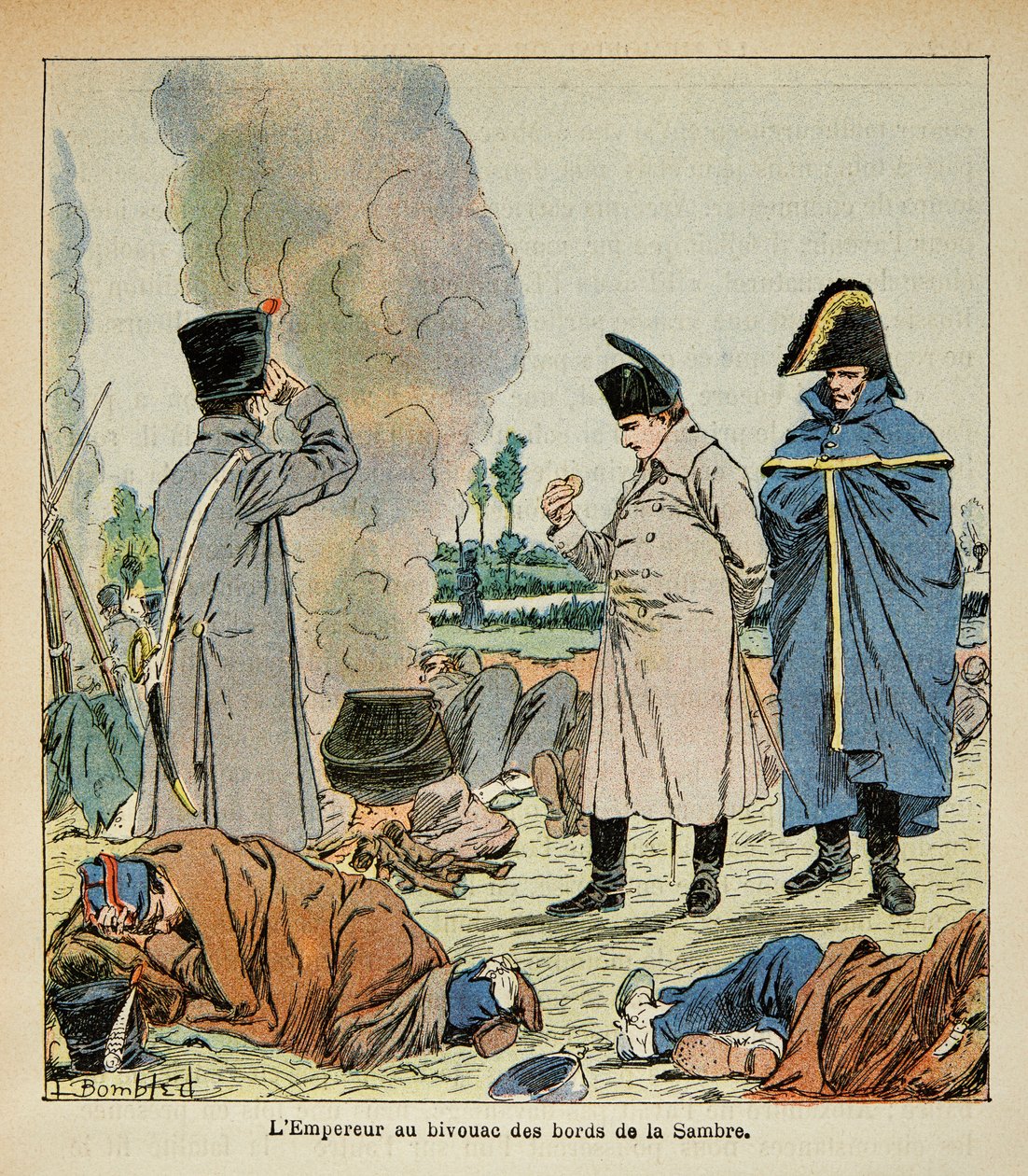 رسم إيضاحي لبومبلد لويس (1862-1927) من كتاب "ذكرى سانت هيلين" للكونت إيمانويل دي لاس كيس (1766-1842): نابليون أثناء إقامة مؤقتة يأكل خبز الجنود ، مجموعة خاصة بواسطة تفجير لويس تشارلز