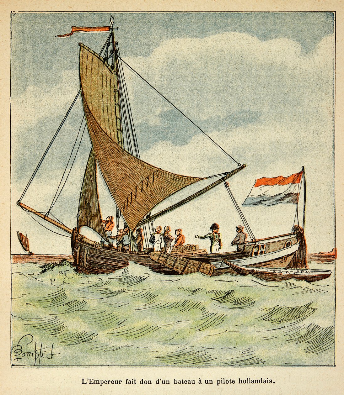 رسم إيضاحي لبومبلد لويس (1862-1927) من كتاب "ذكرى سانت هيلين" للكونت إيمانويل دي لاس كيس (1766-1842): تبرع نابليون بقارب لطيار هولندي أثناء زيارته لهولندا بواسطة تفجير لويس تشارلز