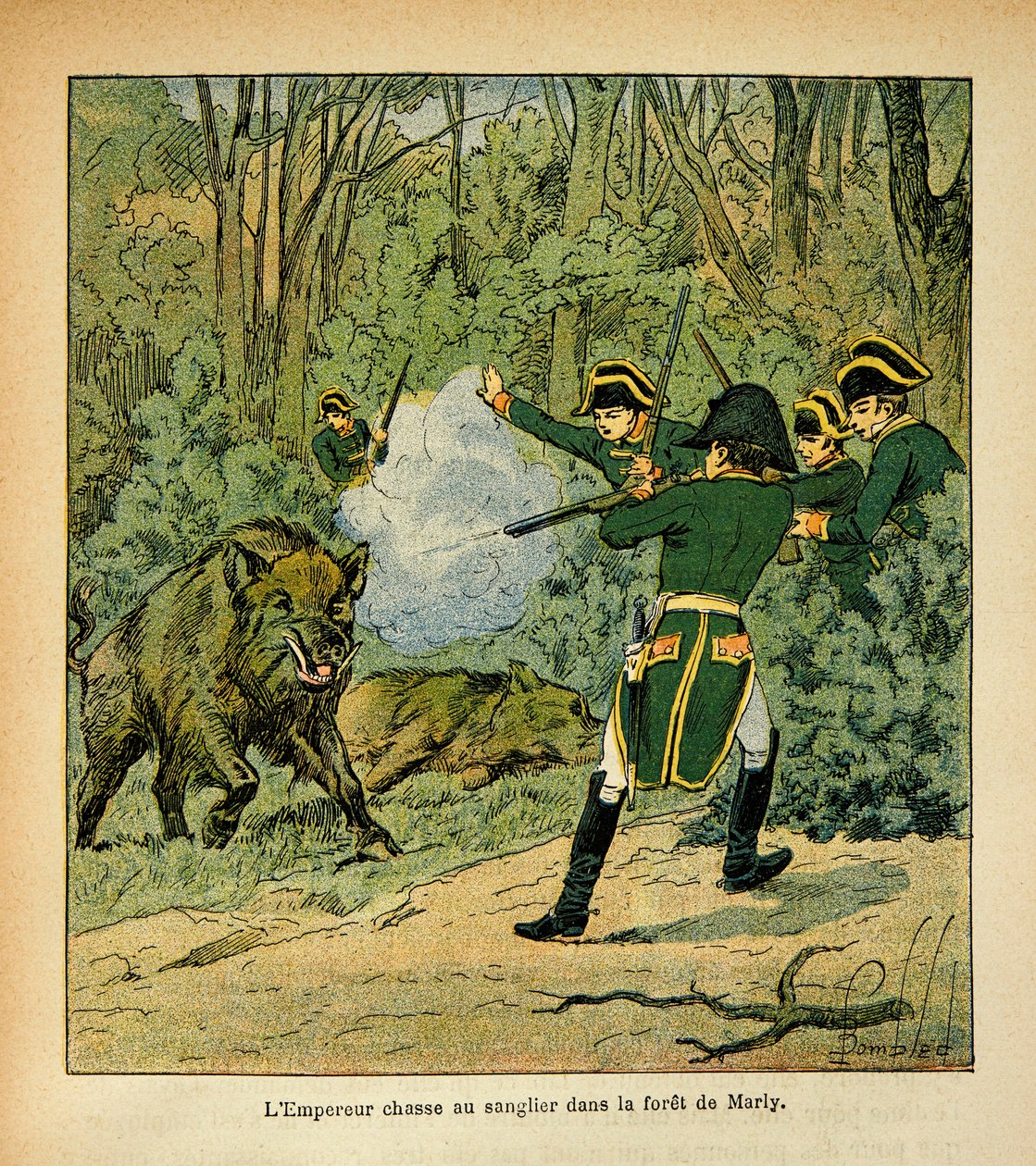 رسم إيضاحي لبومبلد لويس (1862-1927) من كتاب "ذكرى سانت هيلين" للكونت إيمانويل دي لاس كيسس (1766-1842): الإمبراطور نابليون يصطاد الخنزير في غابة مارلي ، مجموعة خاصة بواسطة تفجير لويس تشارلز