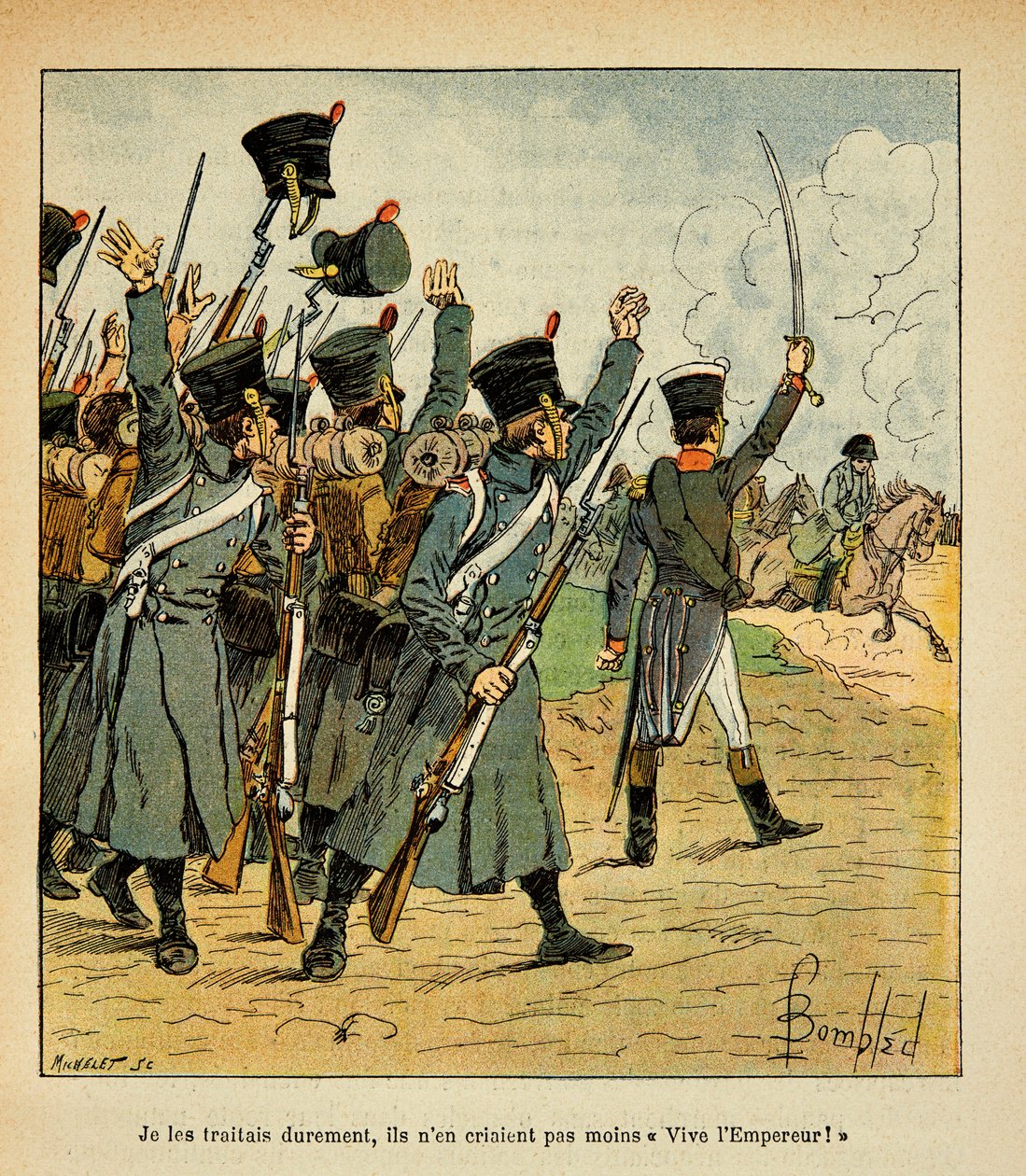 رسم إيضاحي لبومبلد لويس (1862-1927) من كتاب "ذكرى القديسة هيلين" للكونت إيمانويل دي لاس حالات (1766-1842): القوات تهتف بالإمبراطور نابليون ، مجموعة خاصة بواسطة تفجير لويس تشارلز