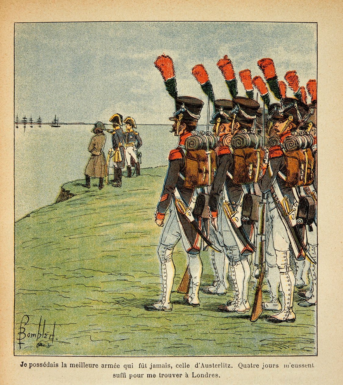 رسم إيضاحي لـ Bombled Louis (1862-1927) من كتاب "ذكرى سانت هيلين" للكونت إيمانويل دي لاس حالات (1766-1842): الجيش العظيم في بولوني ، الإمبراطور نابليون يفكر في إنجلترا التي يريد غزوها ، مجموعة خاصة بواسطة تفجير لويس تشارلز