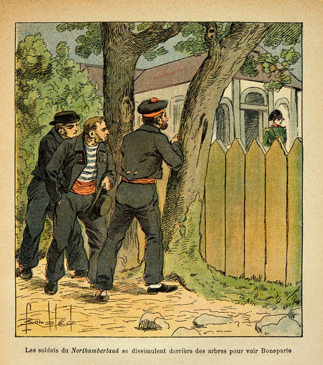 رسم إيضاحي لبومبلد لويس (1862-1927) من كتاب "ذكرى سانت هيلين" للكونت إيمانويل دي لاس كيس (1766-1842): في سانت هيلين ، يختبئ بحارة نورثمبرلاند لرؤية الإمبراطور نابليون ، مجموعة خاصة بواسطة تفجير لويس تشارلز