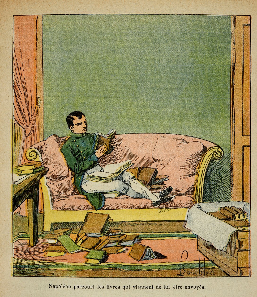 رسم إيضاحي لبومبلد لويس (1862-1927) من كتاب "نصب تذكاري لسانت هيلين" للكونت إيمانويل دي لاس حالات (1766-1842): يسافر الإمبراطور نابليون عبر الكتب التي تم إرسالها للتو إلى سانت هيلين ، مجموعة خاصة بواسطة تفجير لويس تشارلز