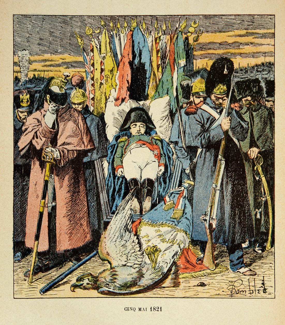 رسم إيضاحي لبومبلد لويس (1862-1927) من كتاب "ذكرى القديسة هيلين" للكونت إيمانويل دي لاس (1766-1842): رمزي ، أرمي يكرّم الإمبراطور بعد وفاته ، مجموعة خاصة بواسطة تفجير لويس تشارلز