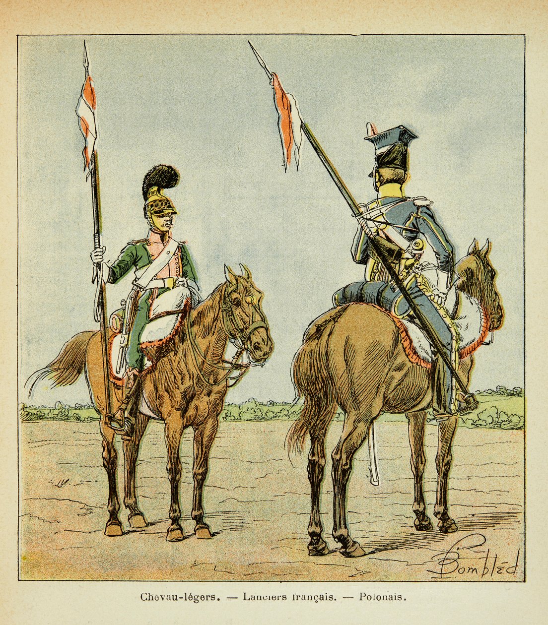 رسم إيضاحي لبومبلد لويس (1862-1927) من كتاب "نصب تذكاري لسانت هيلين" بقلم الكونت إيمانويل دي لاس (1766-1842): خيول خفيفة للحرس: لانسير الفرنسية والبولندية ، مجموعة خاصة بواسطة تفجير لويس تشارلز
