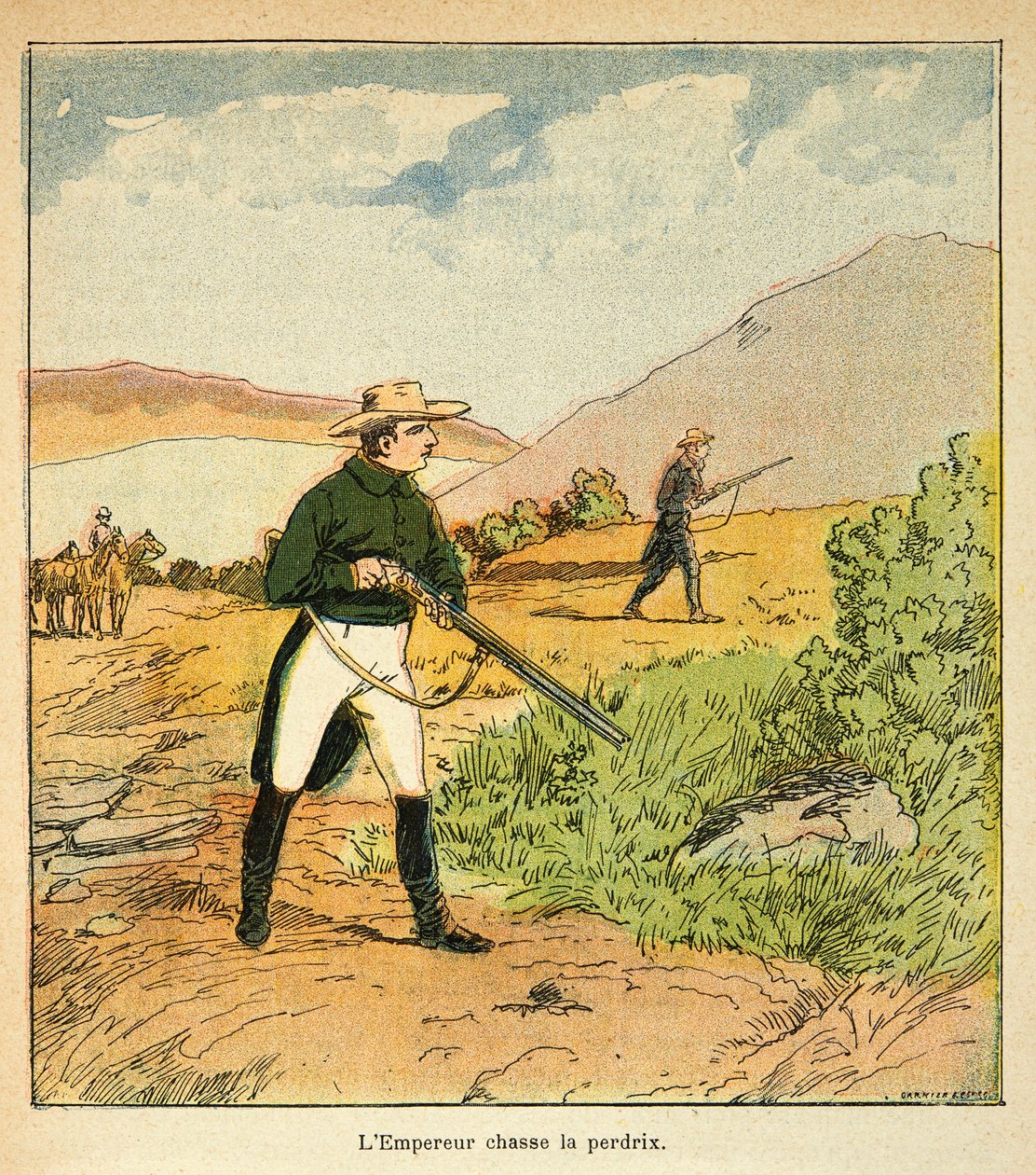 رسم إيضاحي لبومبلد لويس (1862-1927) من كتاب "ذكرى سانت هيلين" للكونت إيمانويل دي لاس (1766-1842): نابليون يصطاد بحالات لاس في سانت هيلين في أغسطس 1816 ، مجموعة خاصة بواسطة تفجير لويس تشارلز