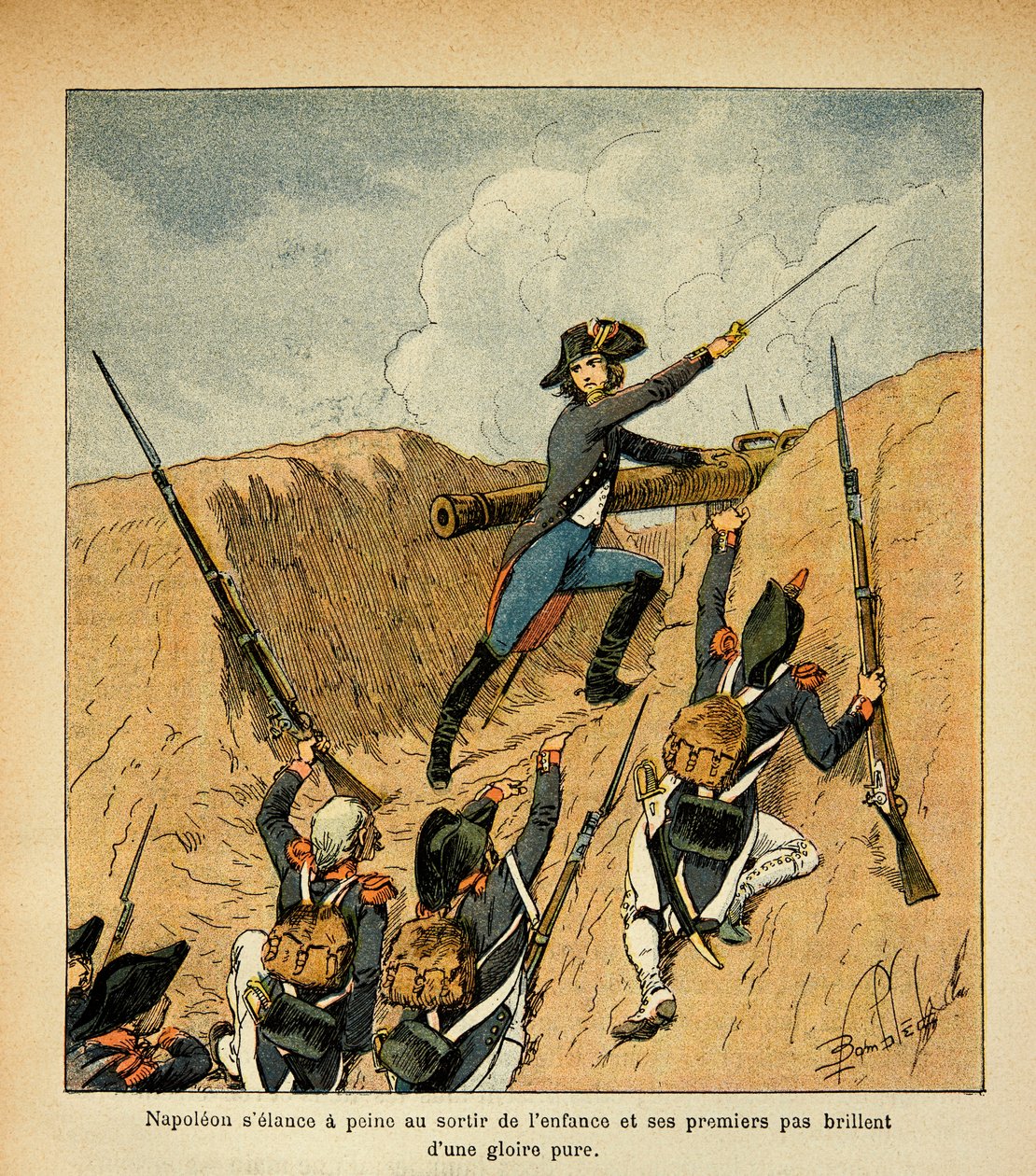 رسم إيضاحي لبومبلد لويس (1862-1927) من كتاب "ذكرى سانت هيلين" للكونت إيمانويل دي لاس قضايا (1766-1842): بونابرت يتولى قيادة قواته ، مجموعة خاصة بواسطة تفجير لويس تشارلز