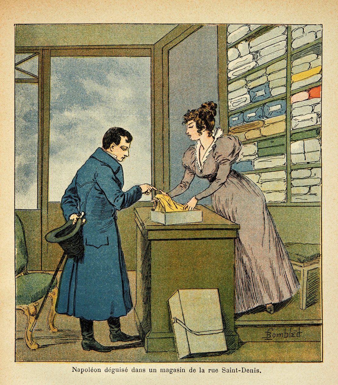 رسم إيضاحي لبومبلد لويس (1862-1927) من كتاب "نصب تذكاري لسانت هيلين" للكونت إيمانويل دي لاس حالات (1766-1842): تنكر الإمبراطور نابليون في متجر بشارع سانت دينيس ، مجموعة خاصة بواسطة تفجير لويس تشارلز