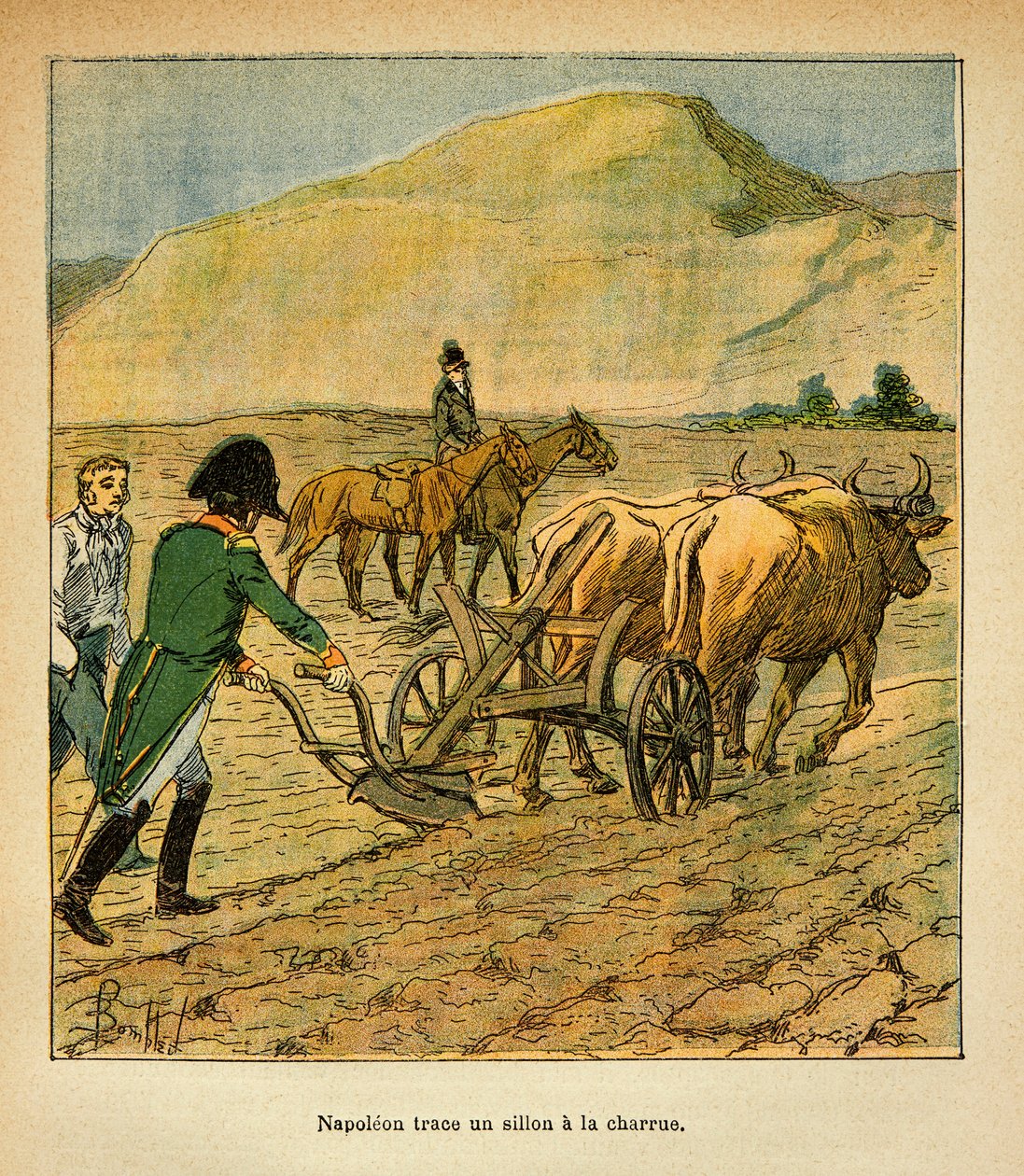 رسم إيضاحي لبومبلد لويس (1862-1927) من كتاب "ذكرى سانت هيلين" للكونت إيمانويل دي لاس حالات (1766-1842): في سانت هيلين ، يتتبع الإمبراطور نابليون ثلمًا للمحراث ، مجموعة خاصة بواسطة تفجير لويس تشارلز