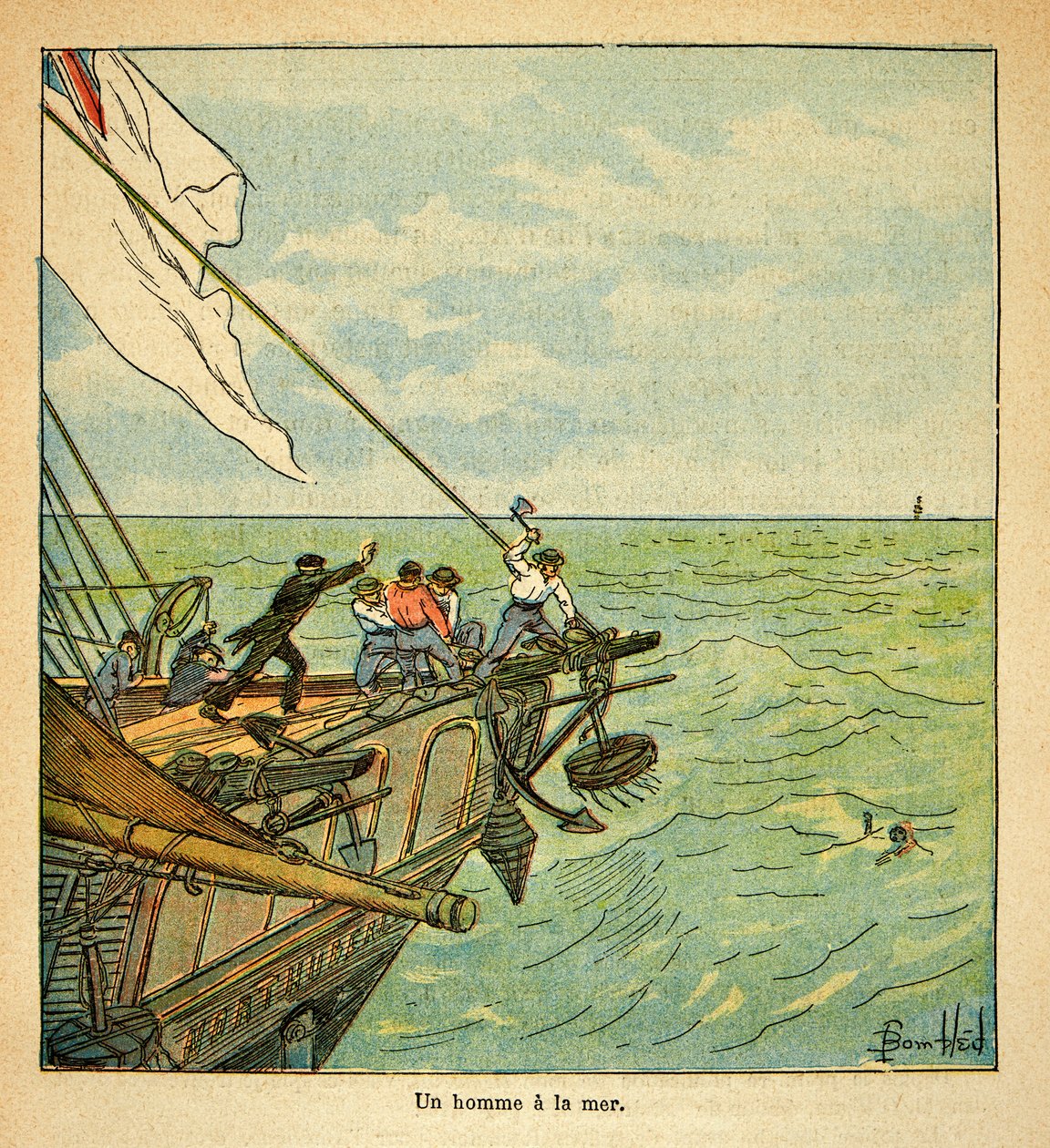 رسم إيضاحي لبومبلد لويس (1862-1927) من كتاب "ذكرى سانت هيلين" للكونت إيمانويل دي لاس حالات (1766-1842): رجل يغرق أثناء رحلة الإمبراطور نابليون إلى سانت هيلين ، مجموعة خاصة بواسطة تفجير لويس تشارلز
