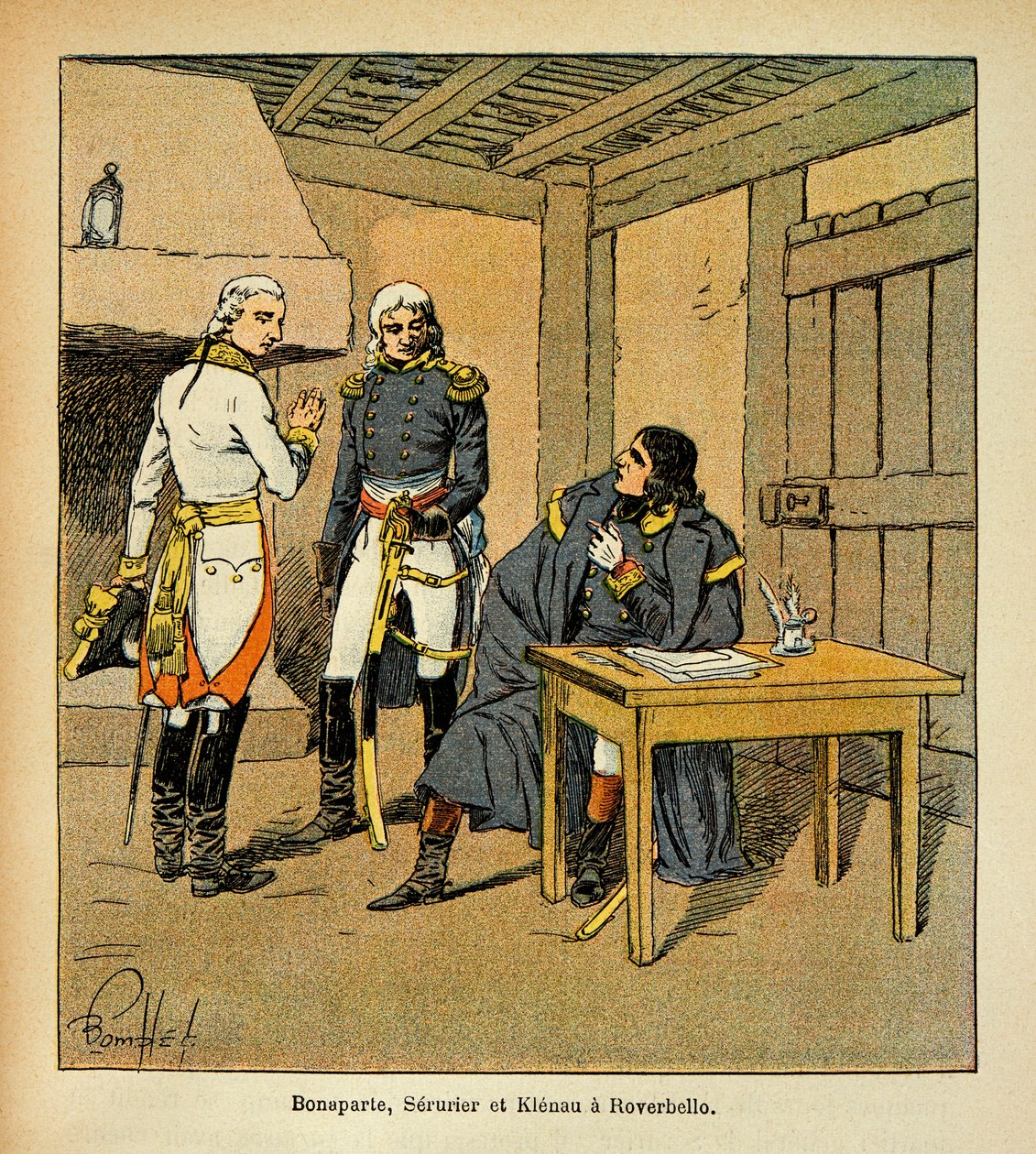 رسم إيضاحي لبومبلد لويس (1862-1927) من كتاب "ذكرى القديسة هيلين" بقلم الكونت إيمانويل دي لاس (1766-1842): بونابرت وجان ماتيو فيليبرت سيرورييه (1742-1819) ويوهان فون كليناو (1758-1819) ) في Roverbello خلال Ca الإيطالية بواسطة تفجير لويس تشارلز