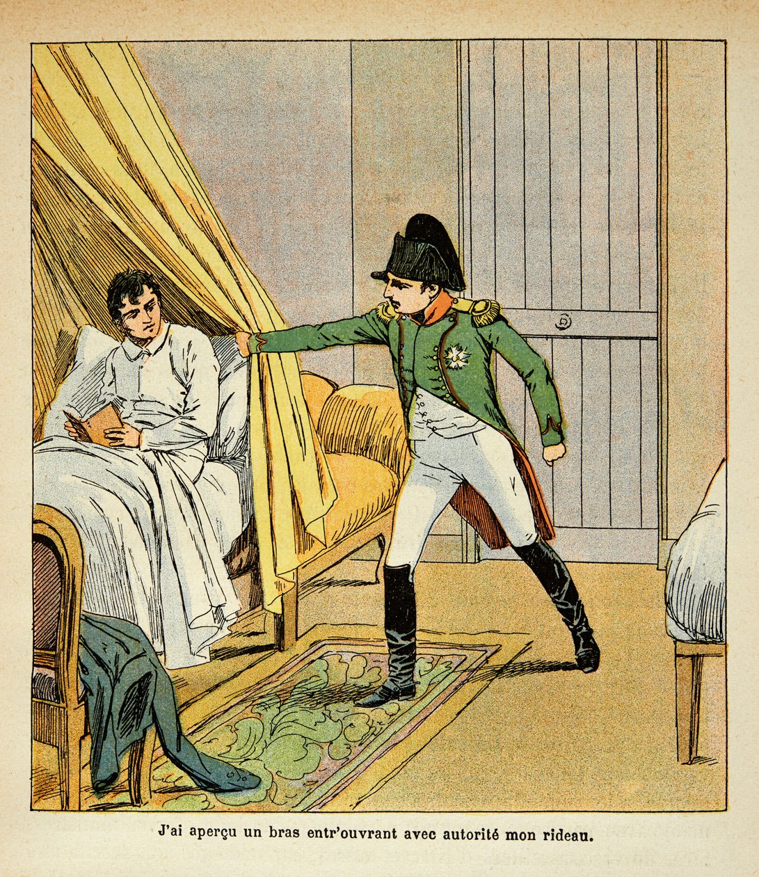 رسم إيضاحي لبومبلد لويس (1862-1927) من كتاب "ذكرى سانت هيلين" للكونت إيمانويل دي لاس حالات (1766-1842): نابليون يوقظ كيسات لاس في السرير في سانت هيلين ، مجموعة خاصة بواسطة تفجير لويس تشارلز