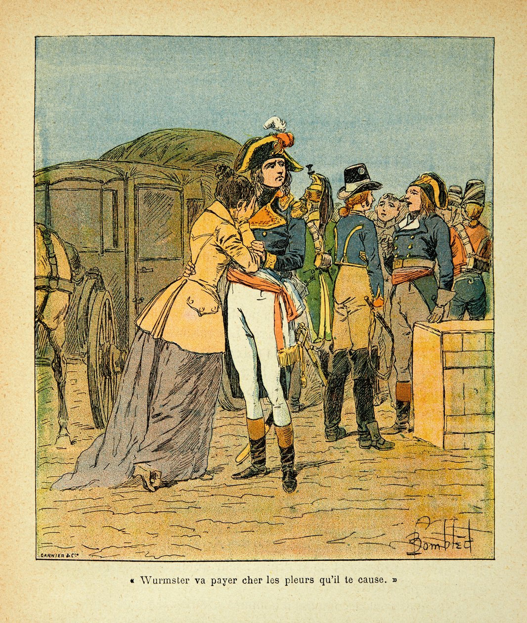 رسم إيضاحي لبومبلد لويس (1862-1927) من كتاب "نصب تذكاري لسانت هيلين" للكونت إيمانويل دي لاس حالات (1766-1842): بونابرت ينصح جوزفين بعد الهجوم على سيارته أثناء الحملة الإيطالية ، مجموعة خاصة بواسطة تفجير لويس تشارلز