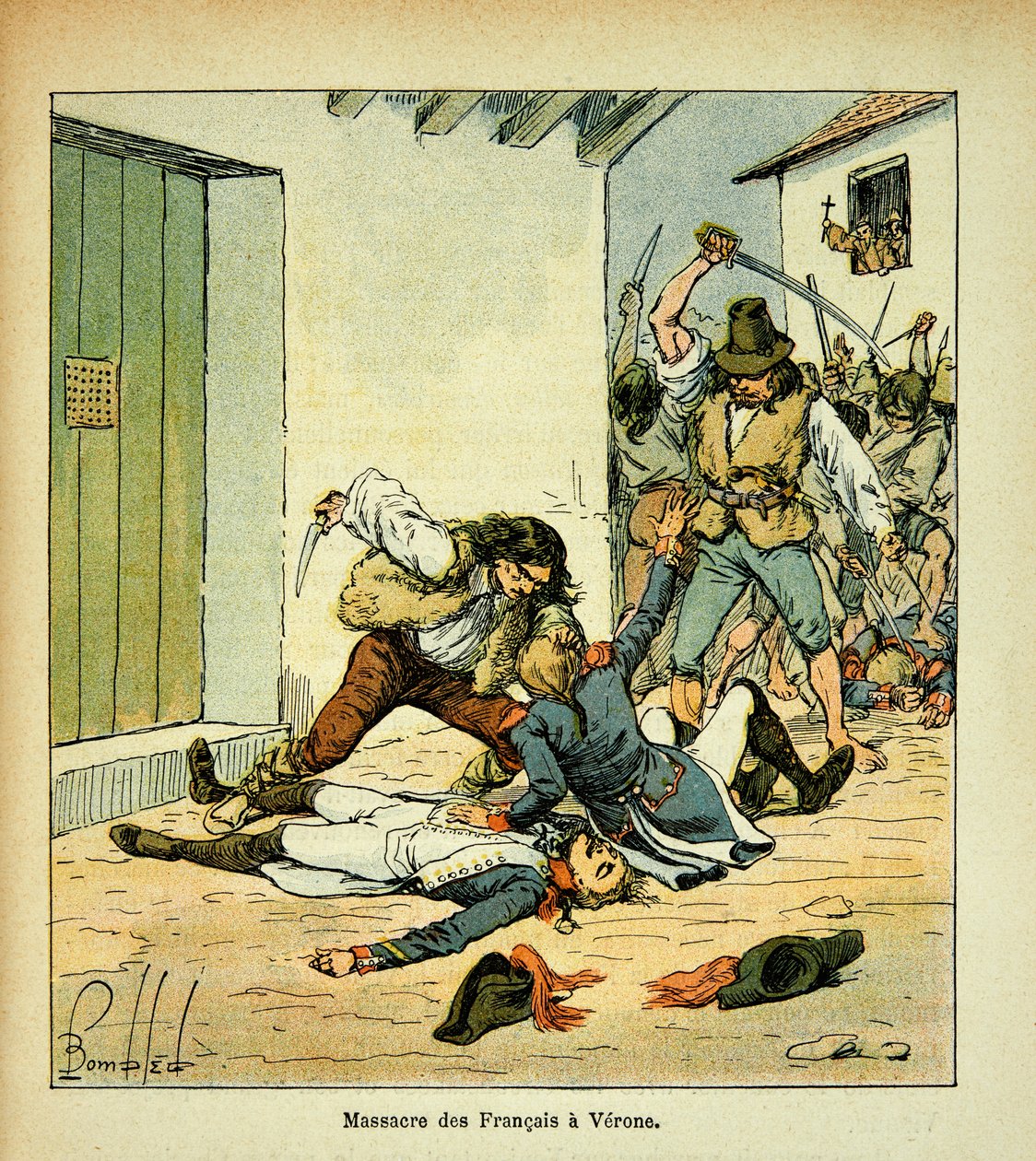 رسم إيضاحي لبومبلد لويس (1862-1927) من كتاب "ذكرى سانت هيلين" للكونت إيمانويل دي لاس كيس (1766-1842): مذبحة للجنود الفرنسيين في فيرونا ، مجموعة خاصة بواسطة تفجير لويس تشارلز