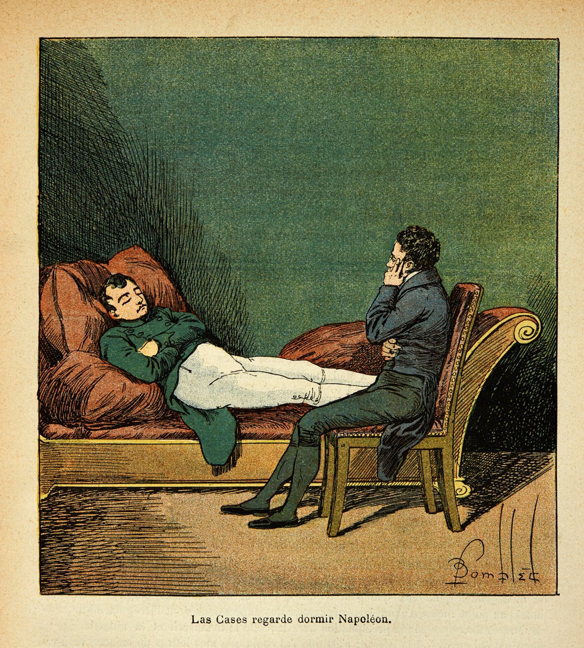 رسم إيضاحي لبومبلد لويس (1862-1927) من كتاب "ذكرى سانت هيلين" للكونت إيمانويل دي لاس كيسس (1766-1842): كيسات لاس تنظر إلى نابليون نائمًا ، مجموعة خاصة بواسطة تفجير لويس تشارلز