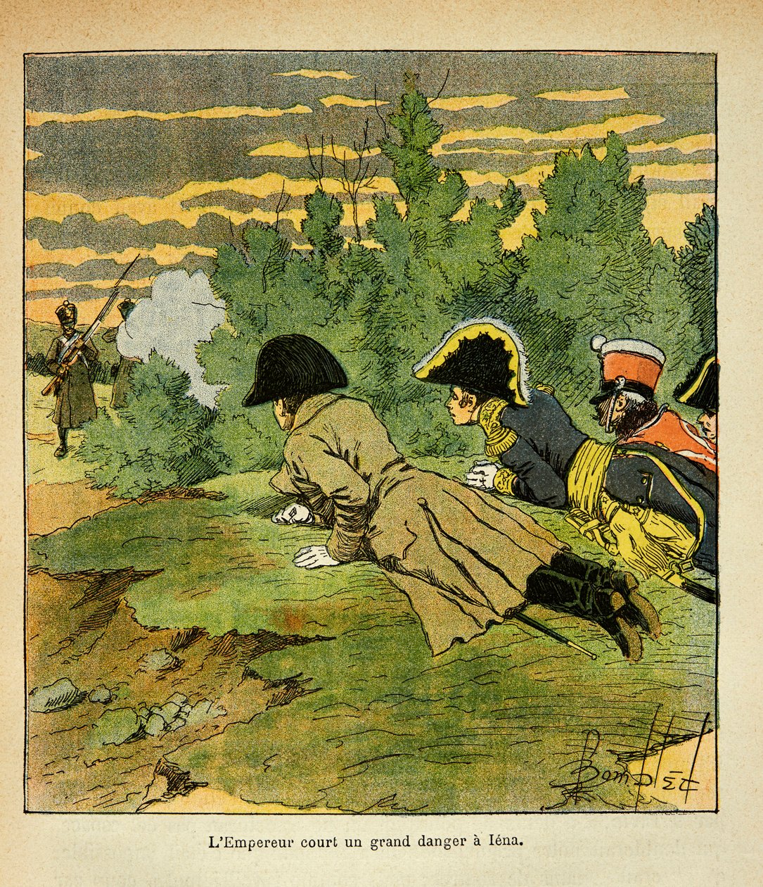 رسم إيضاحي لبومبلد لويس (1862-1927) من كتاب "ذكرى سانت هيلين" للكونت إيمانويل دي لاس كيس (1766-1842): عشية معركة إينا ، ألقى الإمبراطور نابليون بنفسه بعد التعرف على خطوط العدو شقة عند سينتي الفرنسية بواسطة تفجير لويس تشارلز