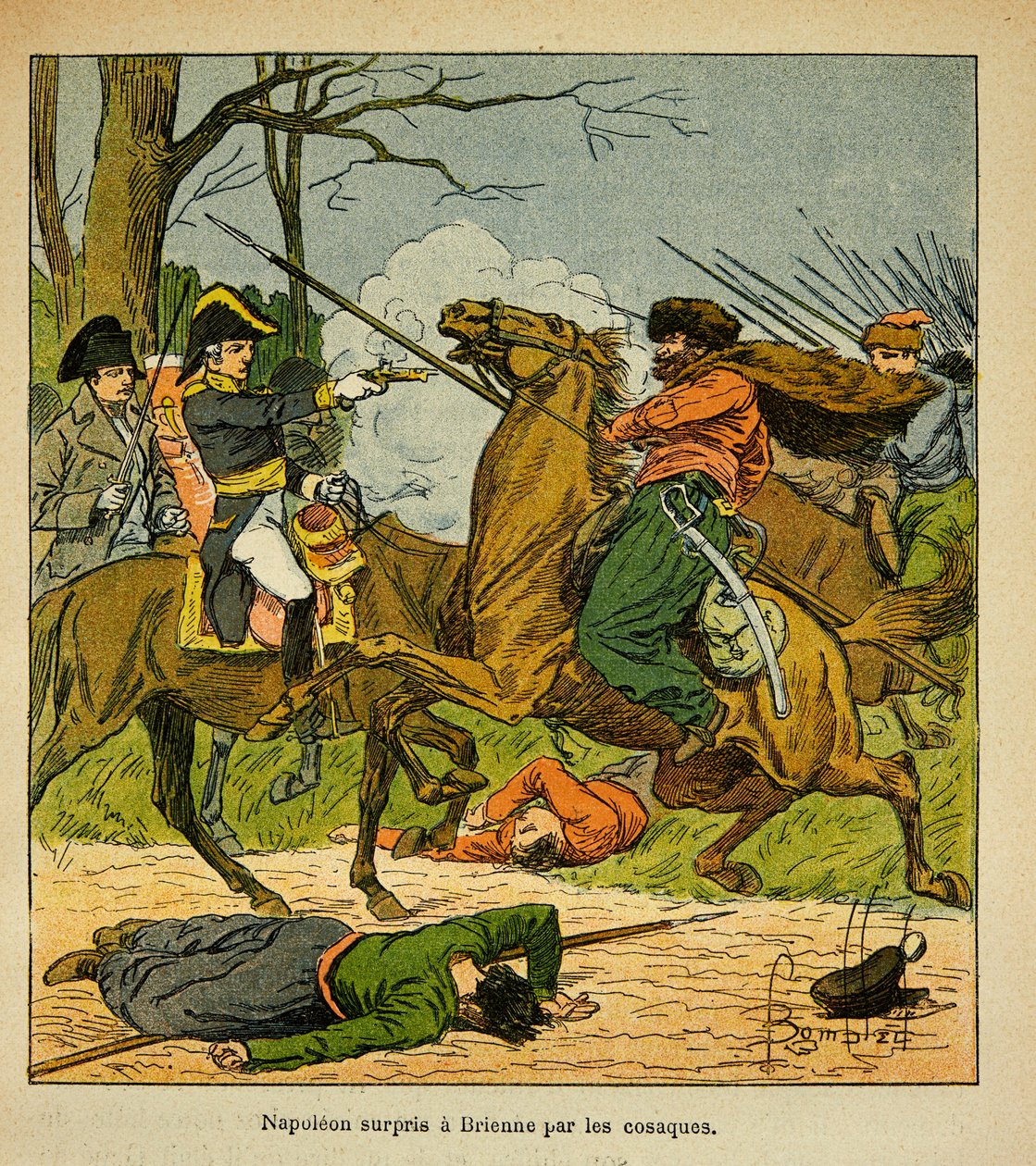 رسم إيضاحي لبومبلد لويس (1862-1927) من كتاب "نصب تذكاري لسانت هيلين" للكونت إيمانويل دي لاس حالات (1766-1842): فاجأ نابليون في برين بواسطة القوزاق ، مجموعة خاصة بواسطة تفجير لويس تشارلز