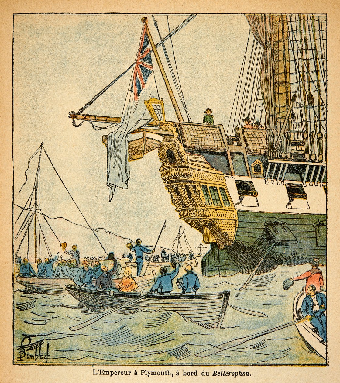 رسم إيضاحي لـ Bombled Louis (1862-1927) مأخوذ من كتاب "The Memorial of Saint Helene" للكونت Emmanuel de Las Cases (1766-1842): وصل الإمبراطور نابليون على متن Bellerophon إلى بليموث في عام 1815 ، مجموعة خاصة بواسطة تفجير لويس تشارلز