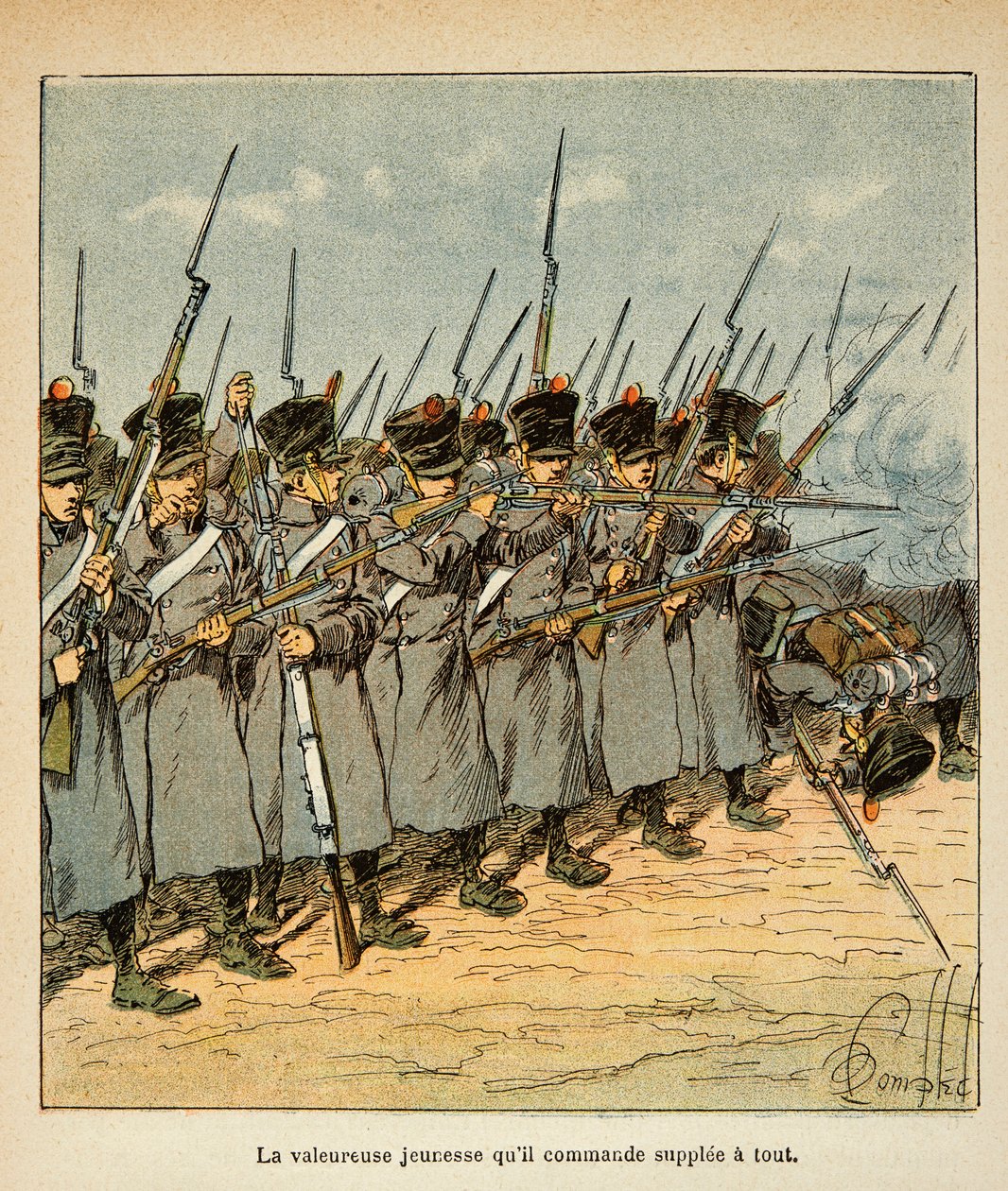 رسم إيضاحي لبومبلد لويس (1862-1927) من كتاب "ذكرى سانت هيلين" للكونت إيمانويل دي لاس كيس (1766-1842): الفرنسيون أثناء معركة لوتزن في عام 1813 ، مجموعة خاصة بواسطة تفجير لويس تشارلز
