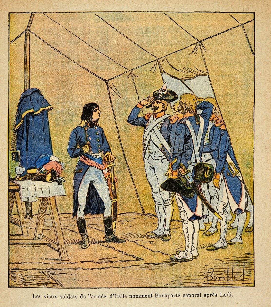 رسم إيضاحي لبومبلد لويس (1862-1927) من كتاب "نصب تذكاري لسانت هيلين" للكونت إيمانويل دي لاس كيس (1766-1842): الجنود القدامى في الجيش الإيطالي المسمى بونابرت عريف بعد معركة لودي عام 1796 ، خاص مجموعة بواسطة تفجير لويس تشارلز
