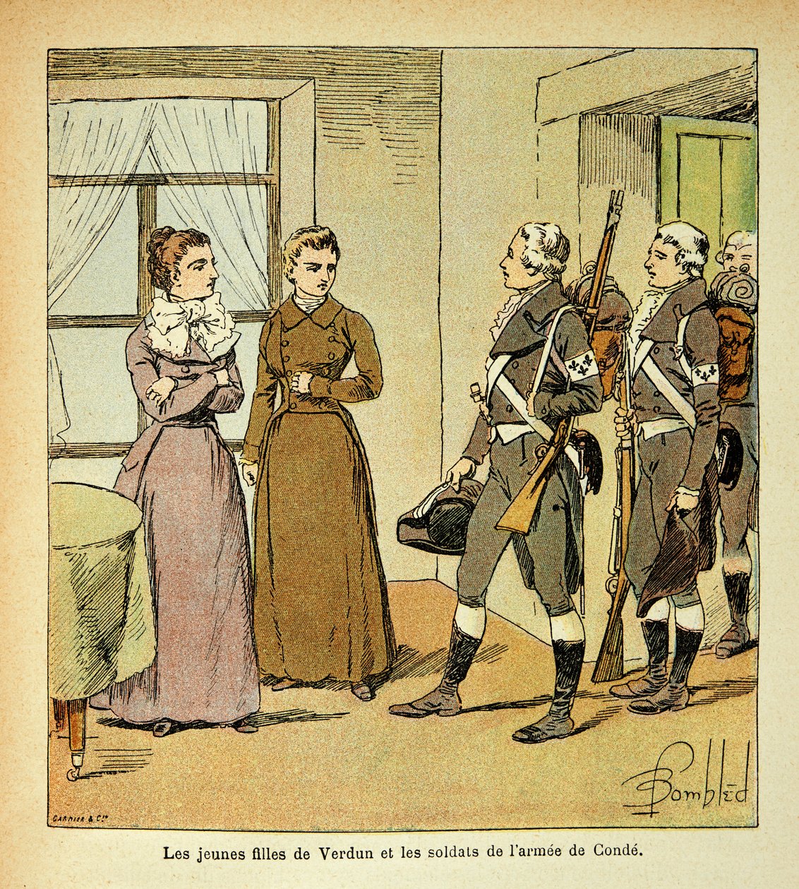 رسم إيضاحي لبومبلد لويس (1862-1927) من كتاب "ذكرى القديسة هيلين" للكونت إيمانويل دي لاس (1766-1842): بنات فردان وجنود جيش كوندي (Armee des Emigrres) ، مجموعة خاصة بواسطة تفجير لويس تشارلز
