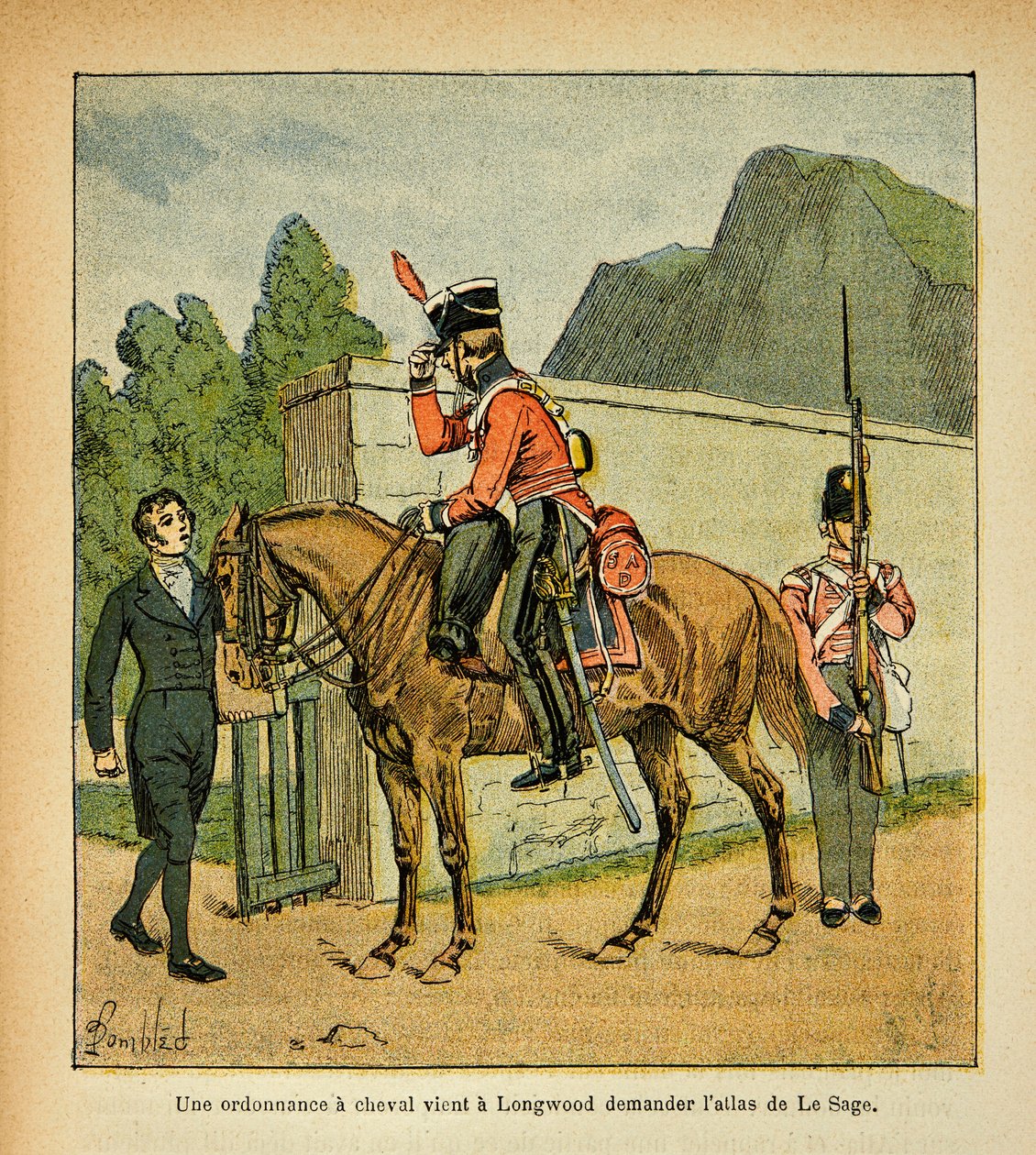 رسم إيضاحي لبومبلد لويس (1862-1927) من كتاب "نصب تذكاري لسانت هيلين" للكونت إيمانويل دي لاس قضايا (1766-1842): مرسوم لحصان يأتي إلى لونغوود يطلب أطلس لو سيج ، مجموعة جزئية بواسطة تفجير لويس تشارلز