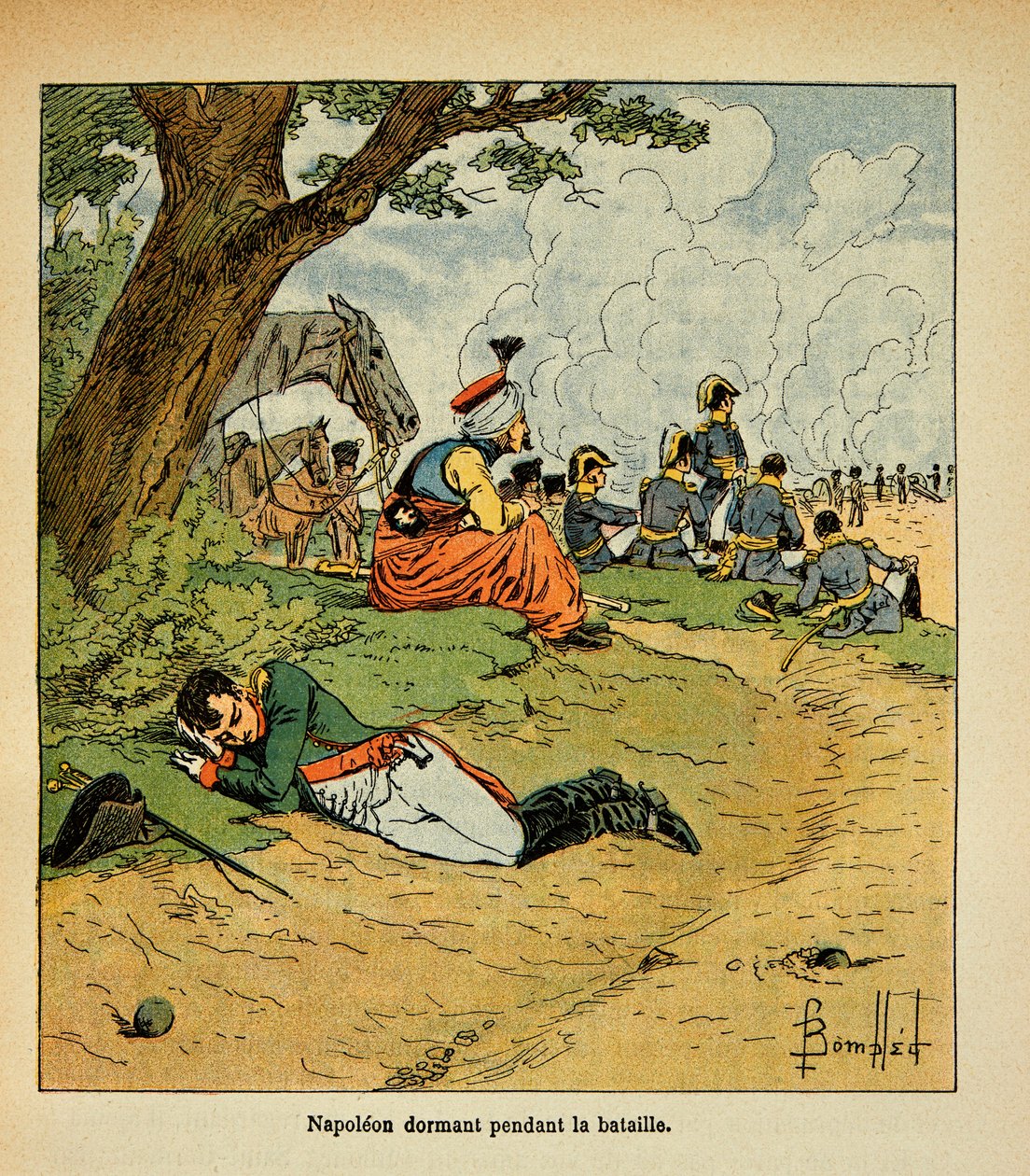 رسم إيضاحي لبومبلد لويس (1862-1927) من كتاب "ذكرى القديسة هيلين" للكونت إيمانويل دي لاس حالات (1766-1842): الإمبراطور نابليون نائم أثناء المعركة ، مجموعة خاصة بواسطة تفجير لويس تشارلز