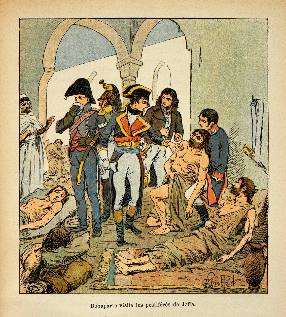 رسم إيضاحي لبومبلد لويس (1862-1927) من كتاب "ذكرى القديسة هيلين" للكونت إيمانويل دي لاس حالات (1766-1842): بونابرت يزور آفات يافا ، مجموعة خاصة بواسطة تفجير لويس تشارلز