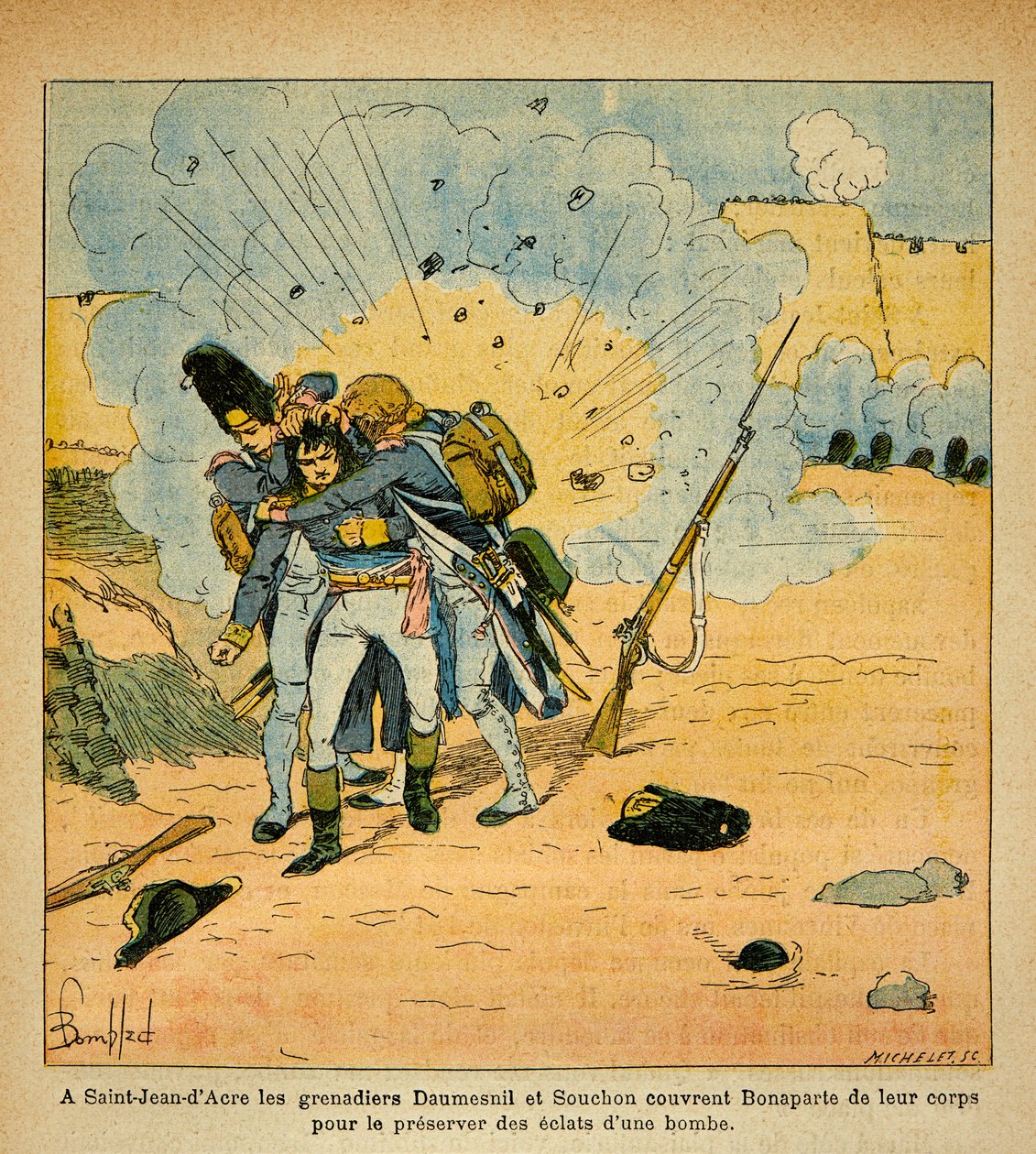 رسم إيضاحي لبومبلد لويس (1862-1927) من كتاب "ذكرى القديسة هيلين" للكونت إيمانويل دي لاس (1766-1842): عند حصار القديس جان داكري ، الغرينادين بيير دومسنيل وسوشون (كلود سوشون) دي تشانرون بواسطة تفجير لويس تشارلز