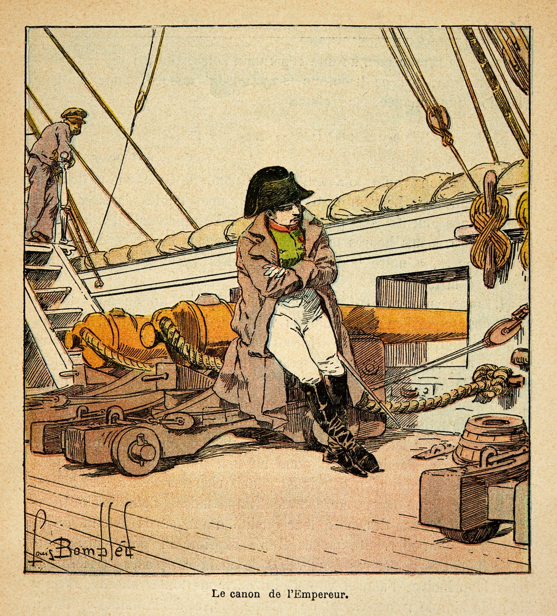 رسم إيضاحي لبومبلد لويس (1862-1927) من كتاب "ذكرى سانت هيلين" للكونت إيمانويل دي لاس قضايا (1766-1842) ؛ الإمبراطور نابليون على متن نورثمبرلاند في عام 1815 ، مجموعة خاصة بواسطة تفجير لويس تشارلز