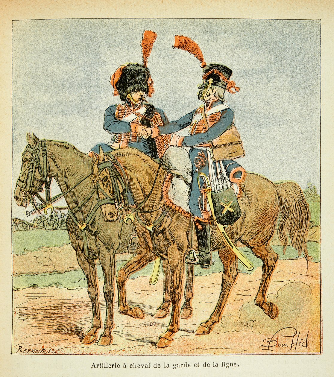 رسم إيضاحي لبومبلد لويس (1862-1927) من كتاب "ذكرى سانت هيلين" للكونت إيمانويل دي لاس حالات (1766-1842): المدفعية حصان الحرس والخط ، مجموعة خاصة بواسطة تفجير لويس تشارلز